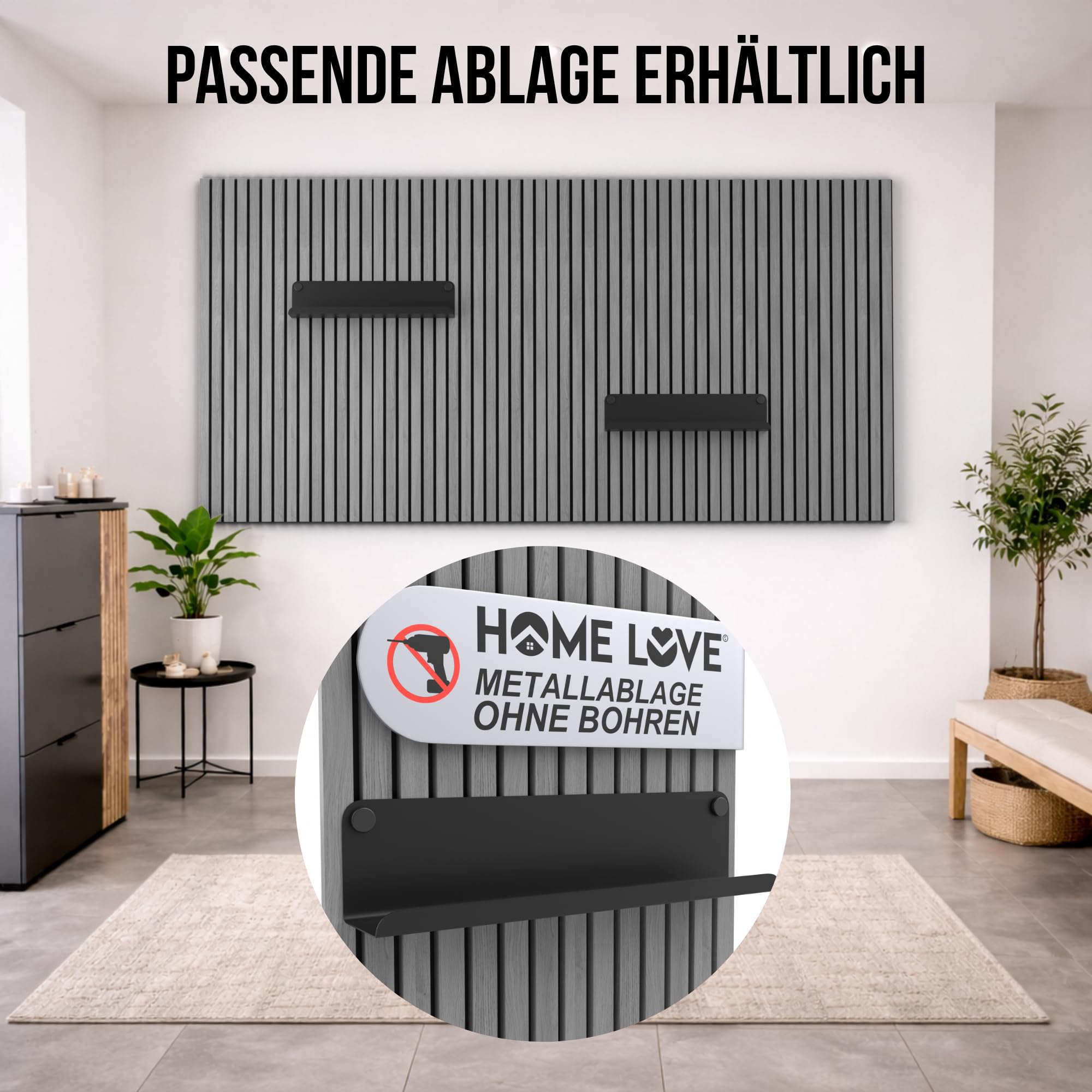 HOME LOVE Akustikpaneele Holz 2er Set 110x55 cm – Grau mit schwarzem Filz | Wandpaneele Holzoptik 3D | Akustik Paneele Grau | Holzpaneele Wand | Wandverkleidung Innen