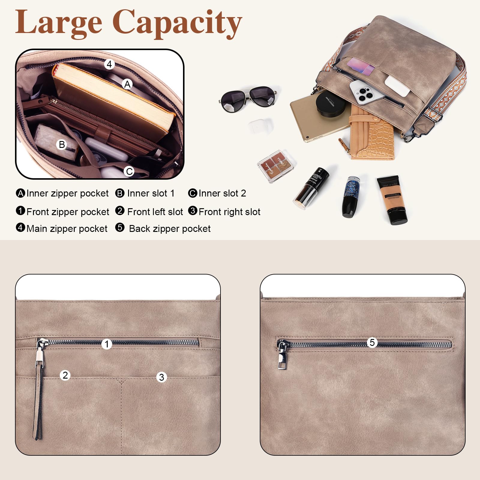 Gladdon borsa donna, borsa a spalla da donna, borsa media donna, borsette donna, borsa in pelle donna, multi pochette con ampia tracolla in fettuccia jacquard