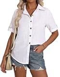Women Linen Button Down Shirt Cotton Short Sleeve Blouses V Neck Collared Button Up 2025 Summer Beach Tops