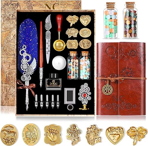 Miniatura 1 de NC Juego de tinta de plumas, juego de sellos de cera con diario de piel sintética y bolígrafo, 7 cabezales de sellos, 2 botellas de cuentas de cera,