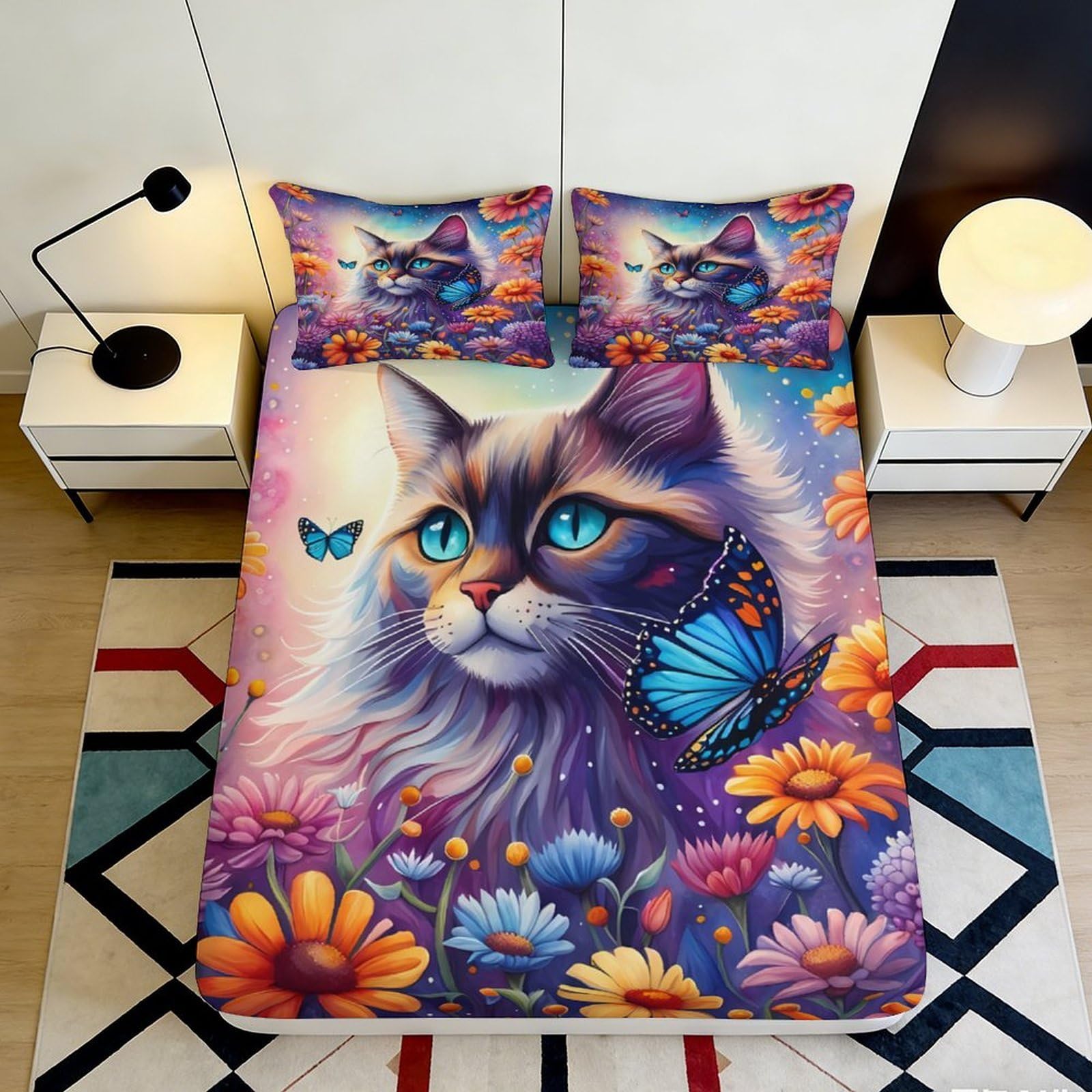 3D Printed Cat and Butterfly Fitted Sheet Microfiber Vibrant Floral Mattress Cover for Bedroom Guest Room Decor 90x200x25cm
