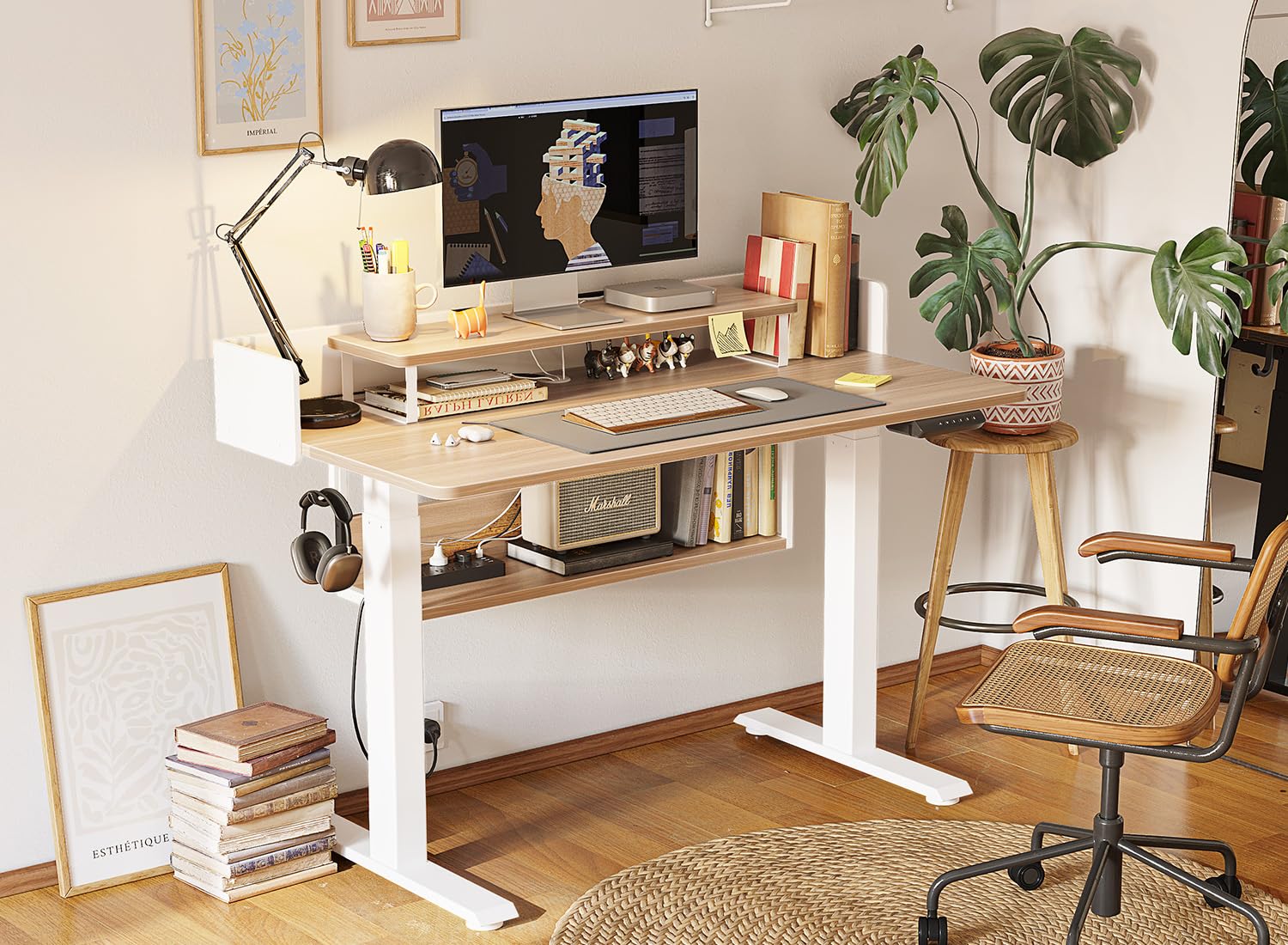 FEZIBO 55" Electric Standing Desk with Shelves, 55x24 Inches Sit Stand Rising Computer Desk with Monitor Shelf, Home Office Desks with Hook, Adjustable Height Stand Up Workstation Table, Light Walnut