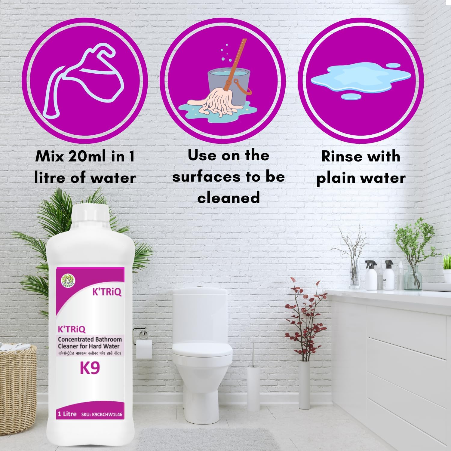 K'TRiQ K-9 Bathroom Cleaner - 1L | Advanced Thicker Formulation | 10X Better Germ Protection | Kills 99.9% Germs | Removes Toughtest Stains | Limescale Remover Suitable for Tap, Shower, Sink 1