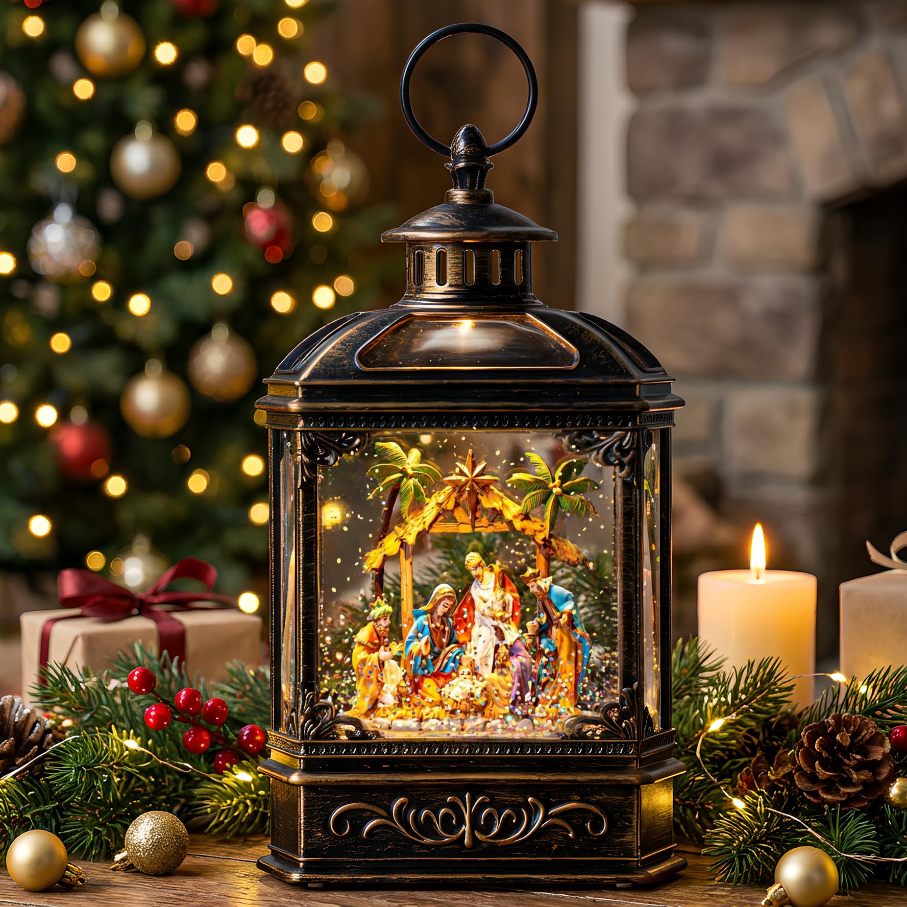 Christmas Snow Globe Lantern Lighted Adoration of The Magi Nativity Manger Scene, Musical Water Lantern Play Silent Night Music in Swirling Glitter, Holiday Decorations Gift