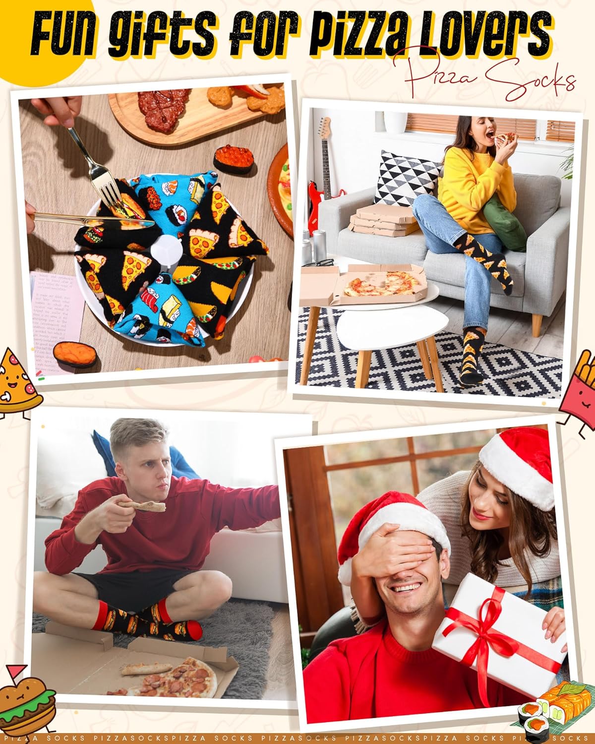 Haysandy 8 Pairs Christmas Novelty Socks Pizza Box Men Fun Patterned Dress Cute Pattern Cotton Socks Gift for Men Women - Image 6