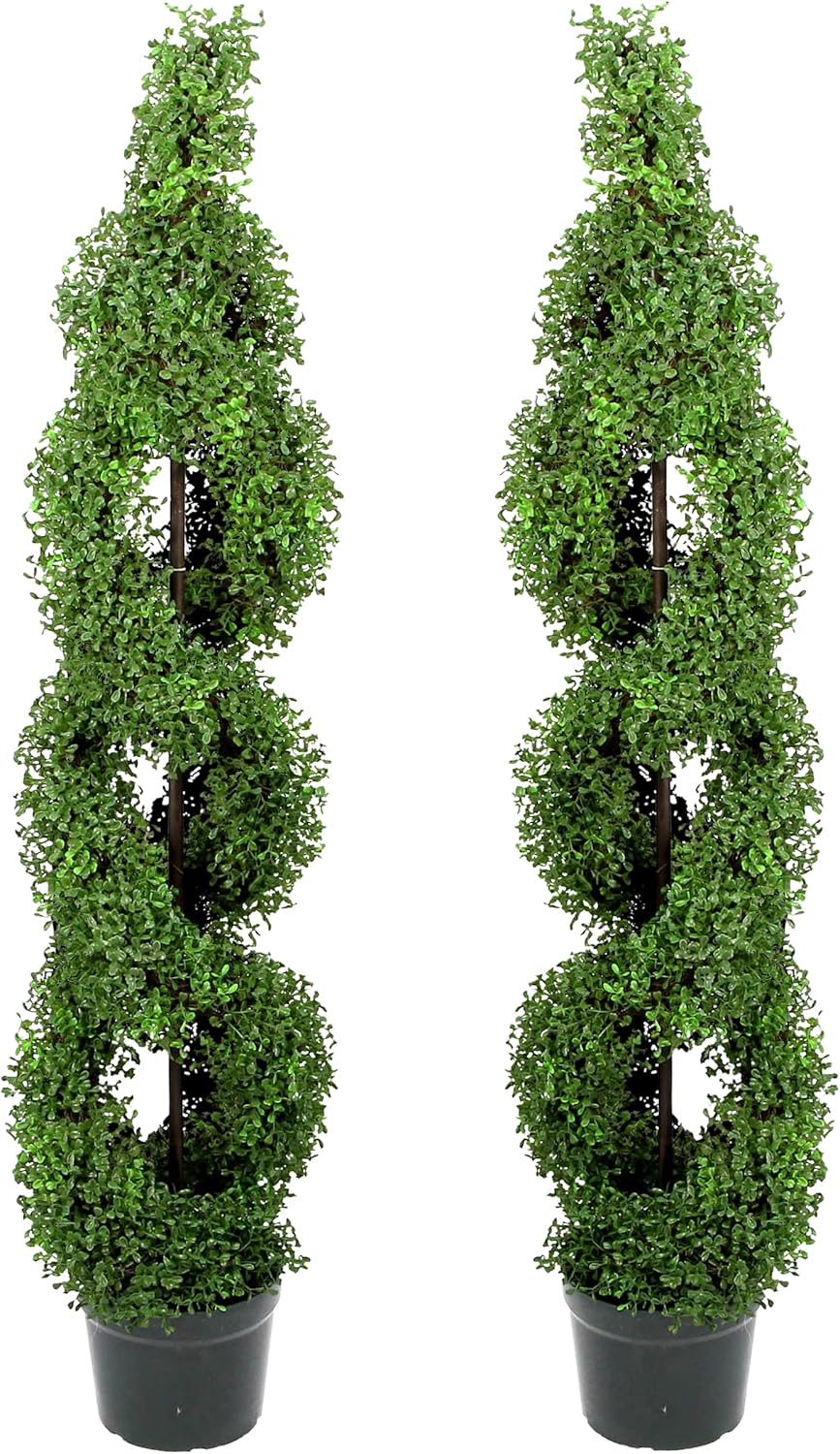 Admired By Nature 2 x 5' Artificial Boxwood Leave Double Spiral Topiary Plant Tree in Plastic Pot, Green Twin Pack