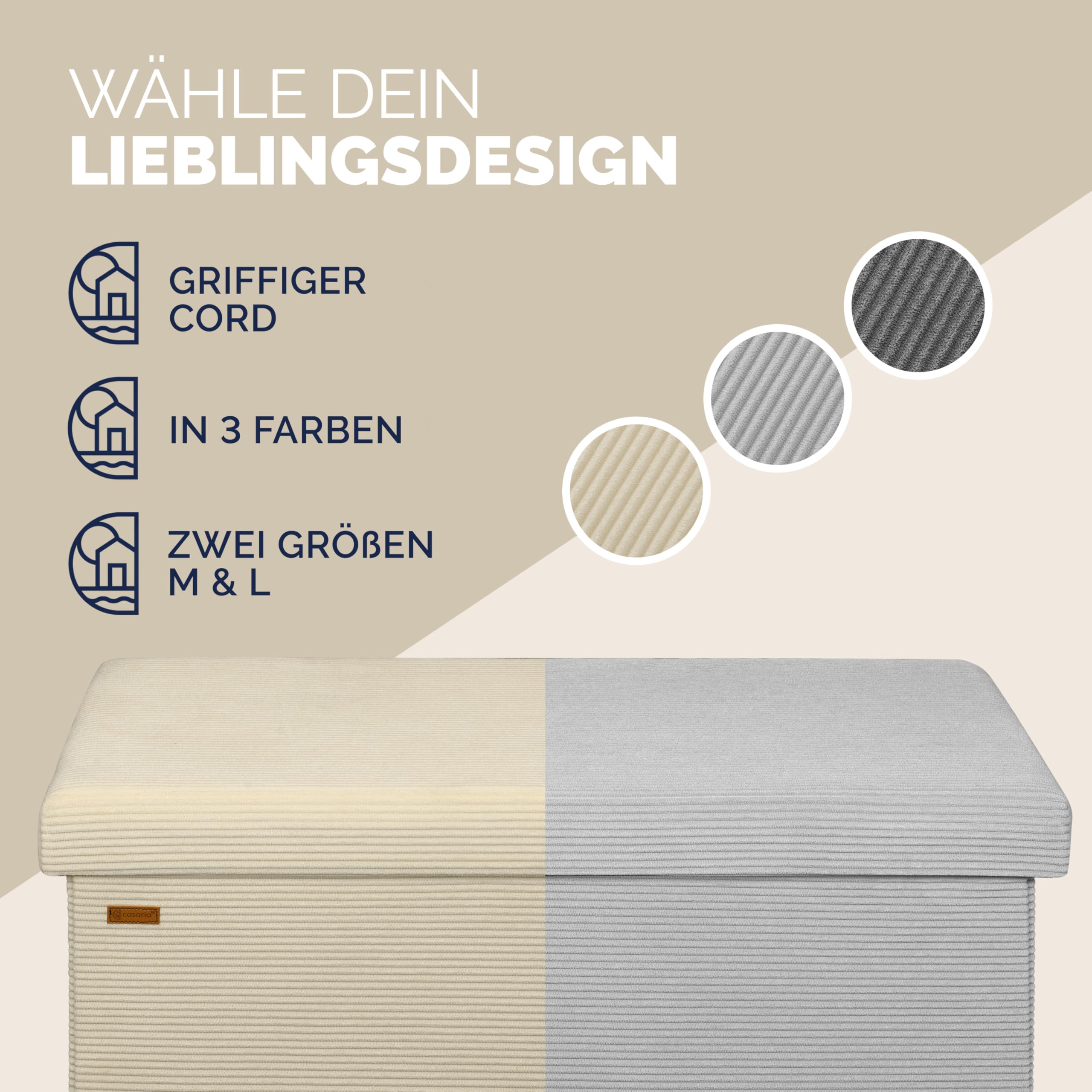 Casaria® Sitzbank mit Stauraum Beige Cord Faltbar Sitzbank 300kg Belastbar 76x38cm Truhe für Wohnzimmer Schlafzimmer Flur Diele Truhenbank Bank