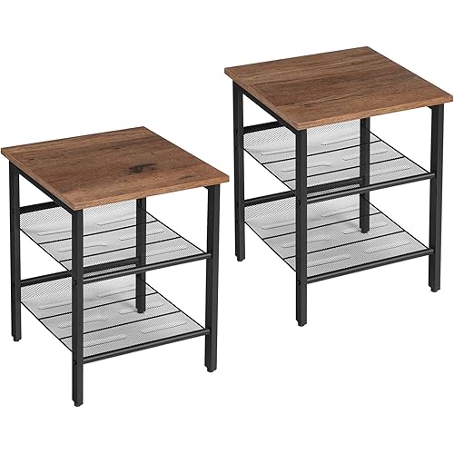 VASAGLE Nightstand, Set of 2 Side Tables, End Tables with Adjustable Mesh Shelves, for Living Room, Bedroom, Industrial, Stable Steel Frame, Easy Assembly, Hazelnut Brown and Black ULET024B03