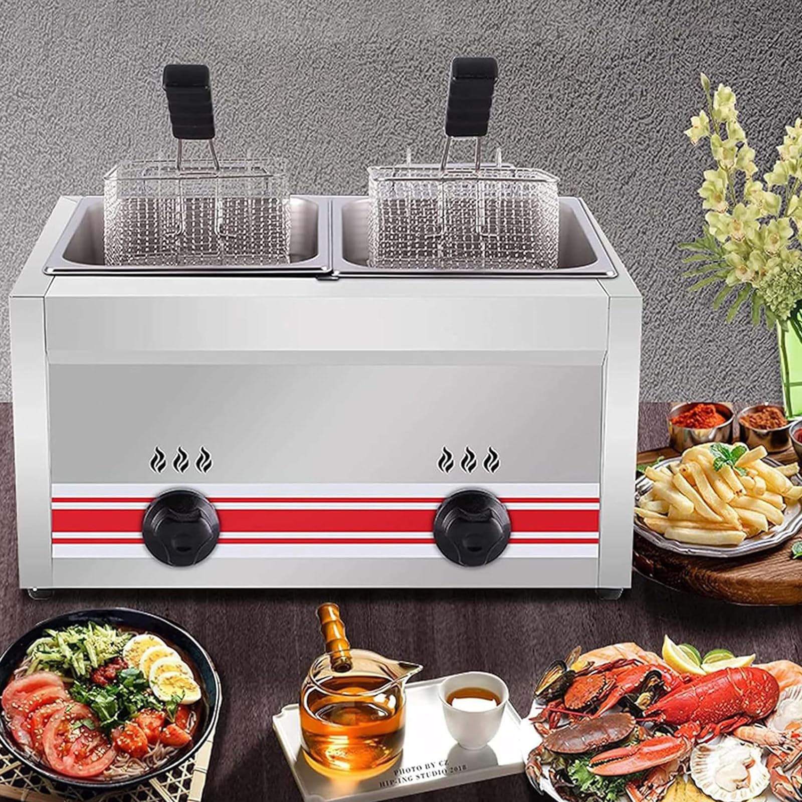 Friggitrice a Gas Grande Capacità 10L/20L/30L, Friggitrice in Acciaio Inossidabile, con controllo della temperatura regolabile, cestello staccabile antiaderente, piedini facili da pulire,30L