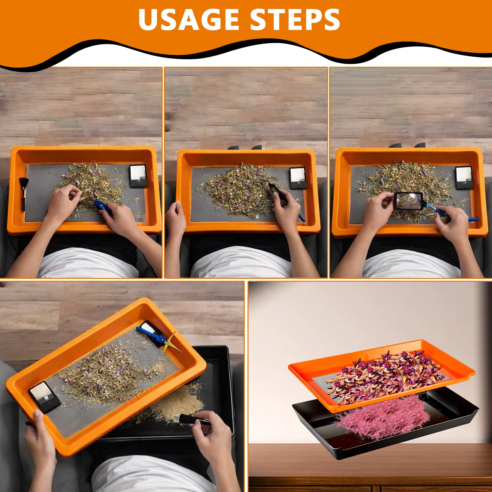 Trimming Tray, Ensemble de Bac de Tri, Bac de Tri pour Pollen et Herbes avec Tamis à Mailles Fines de 150 Microns, Ciseaux, Loupe et Brosse (Orange)