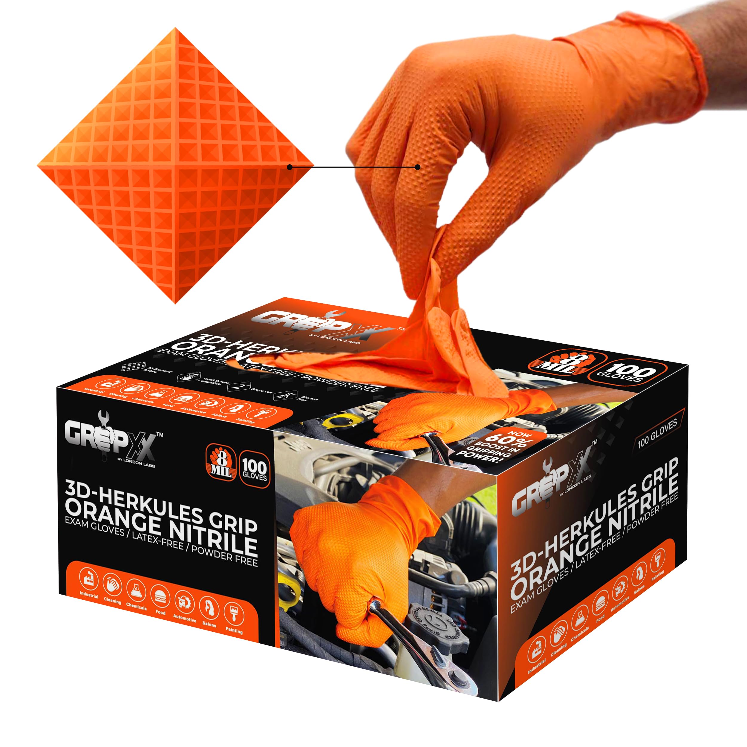GRIPXX Herkules Grip Heavy Duty 8Mil Orange Nitrile Gloves,3D Raised Diamond Texture-Latex & Powder Free-Industrial, Mechanic (1, XX-Large)