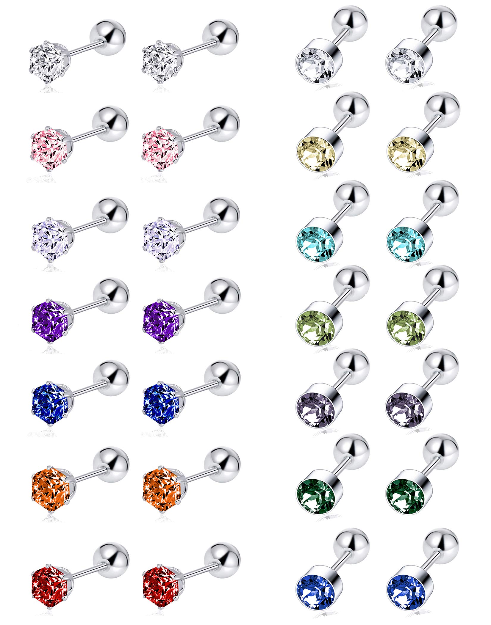 Tornito 7-14 Pairs Stainless Steel CZ Stud Earrings for Women Multicolor Cubic Zirconia Cartilage Helix Earrings Set Screwback 4MM
