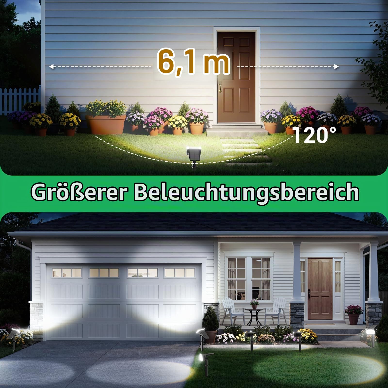 GEARLITE 6 Stück Solarlampen für Außen Garten, 2 Modi Superhelle 800 Lum Solar Strahler Max 30 Stunden Arbeitszeit 3500K Weißes Licht Gartenleuchten IP65 Gartenstrahler für Außen Bäume Garten Weg Deko
