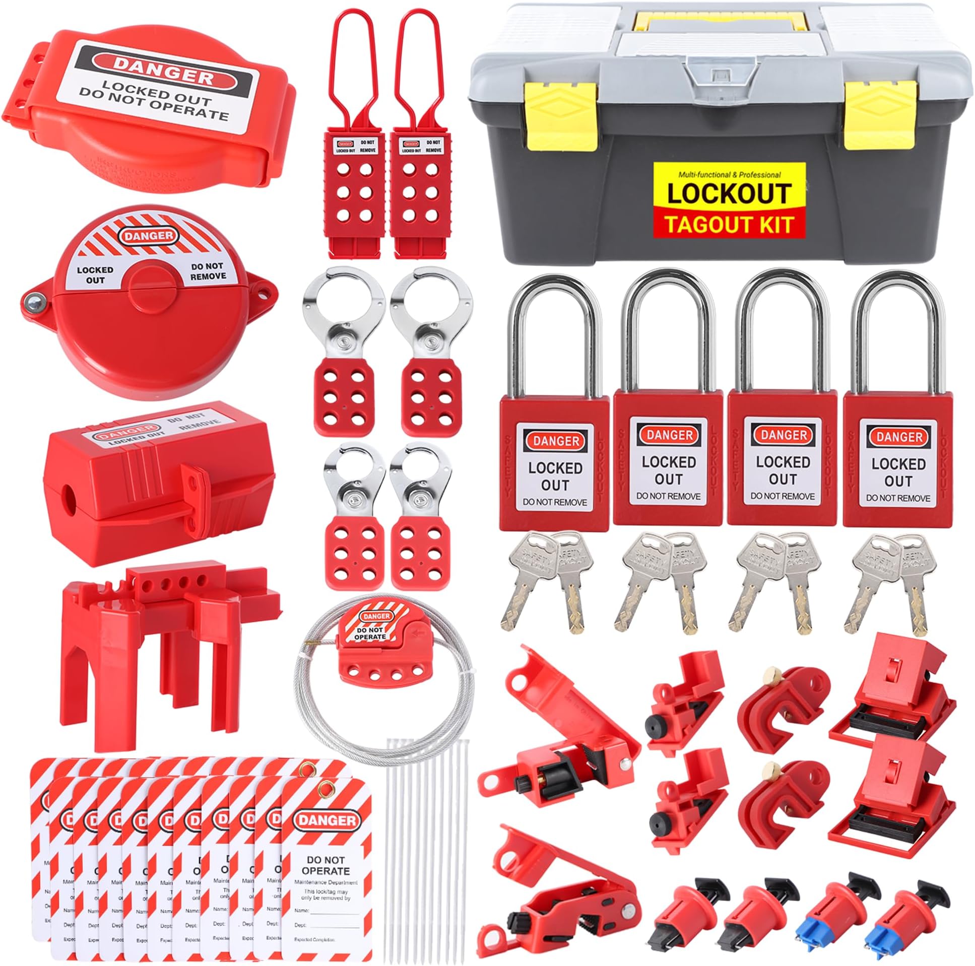 Multi-Functional Lockout Tagout Kit 70+ Pcs Loto Kit with Safety Padlocks, Lockout Hasp, Ball Valve, Electrical Plug, Gate Valve, Circuit Breaker, Loto Tags, Nylon Ties, Tool Box