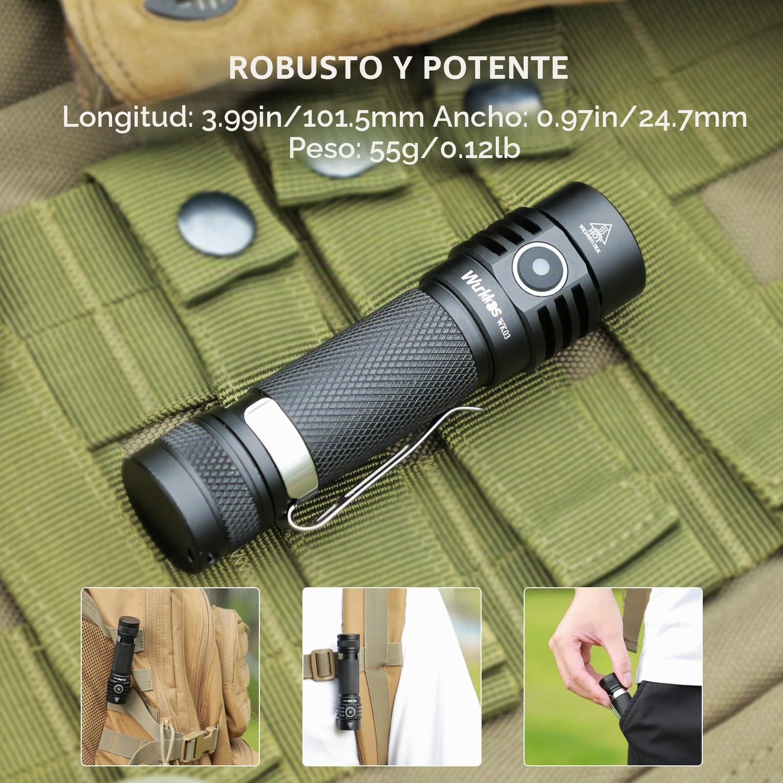 Wurkkos WK03 Mini linterna LED, 1200 lúmenes, linterna recargable USB-C extremadamente brillante con LED 519A, IPX68 impermeable, tapa trasera magnética, EDC portátil(Negro)