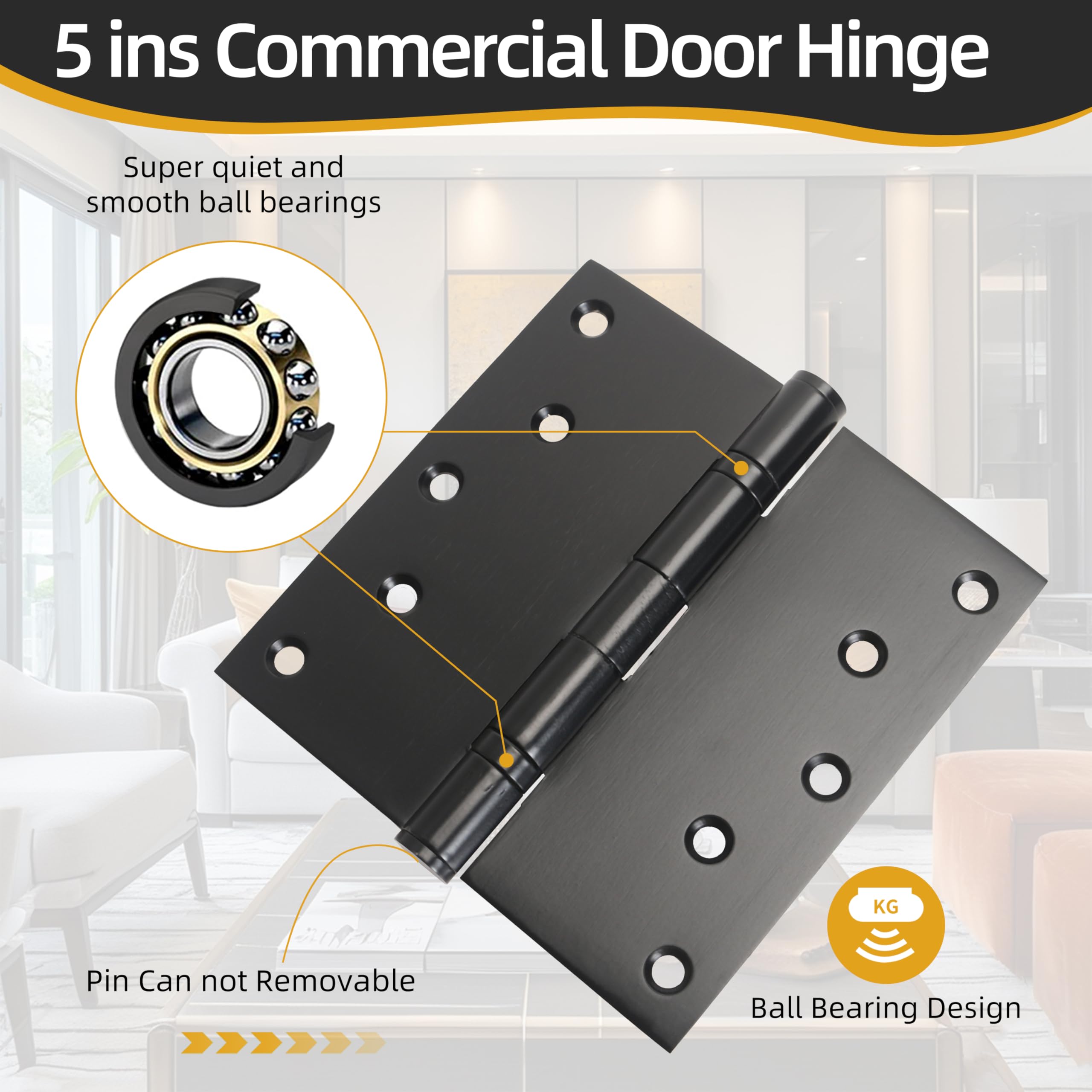 Bisagras de puerta resistentes de 5 x 5 pulgadas, bisagras de puerta de hasta 220 libras, bisagras negras de acero inoxidable 201, rodamiento de bolas, esquinas cuadradas de 3 mm de grosor con 20