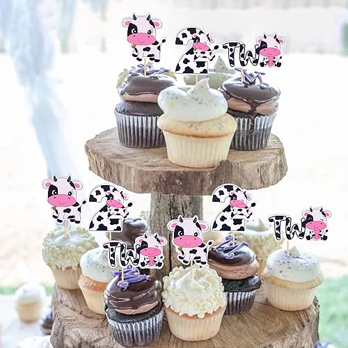 Miniatura 4 de Rsstarxi Paquete de 36 adornos para cupcakes con diseño de vaca, dos decoraciones para cupcakes de animales de granja con zoom de 2 cumpleaños para