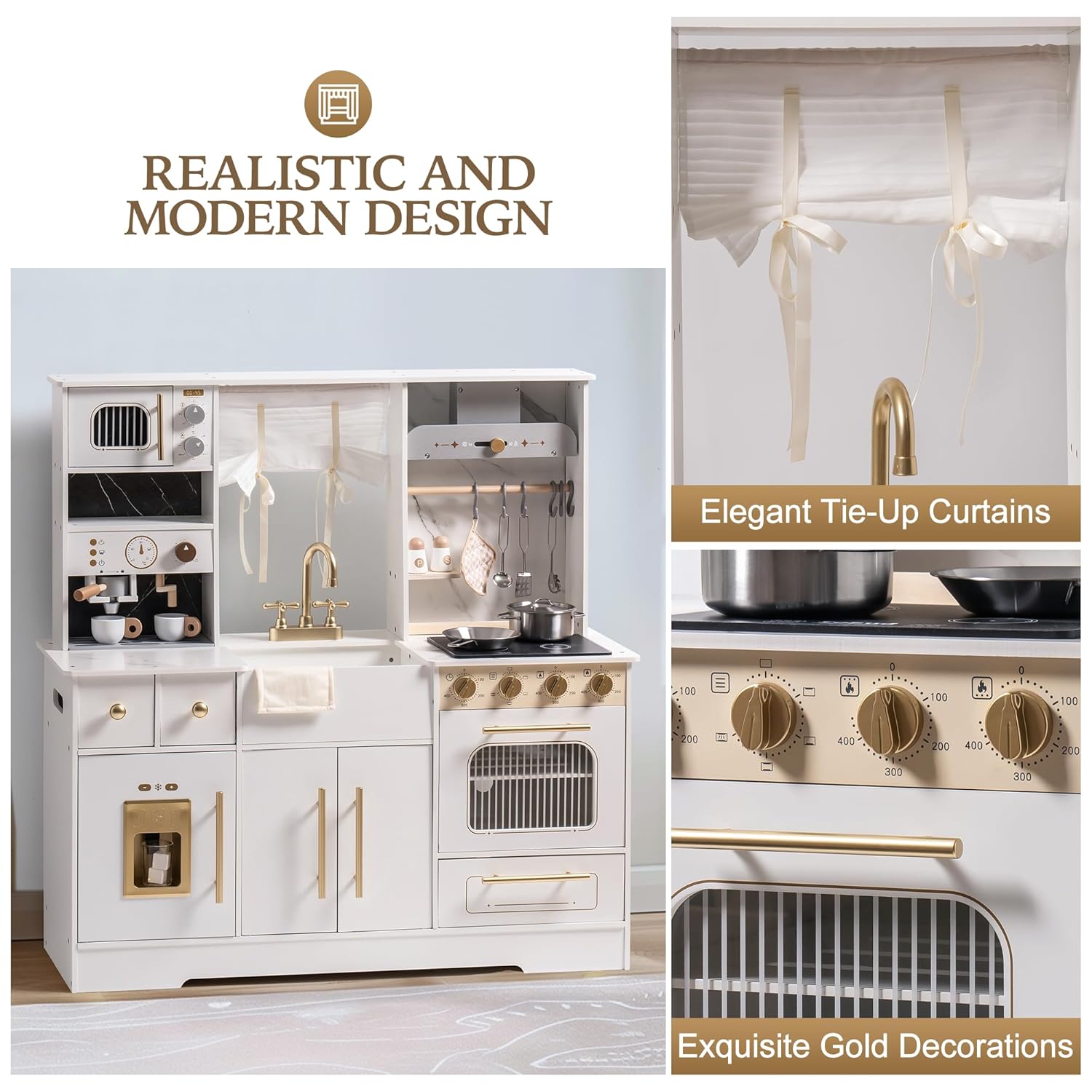 Close-up of the play kitchen stove with golden knobs and a pot on the burner