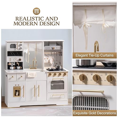 Miniatura 3 de ROBOTIME Juego de cocina de madera para niños, juego de cocina para niños pequeños con máquina de hielo y cafetera, juguete de cocina realista para