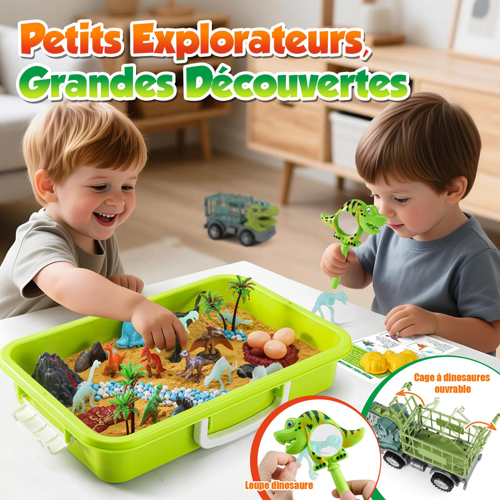 FRUSE Sable Magique de Dinosaure, Jouets Sensoriels avec Sable Sensoriels,Dinosaure Jouet, Dino Loupe de Jeu, Dinosaures Phosphorescents, Bac a Sable avec Couvercle,Cadeau pour Enfant de 3 à 8 Ans