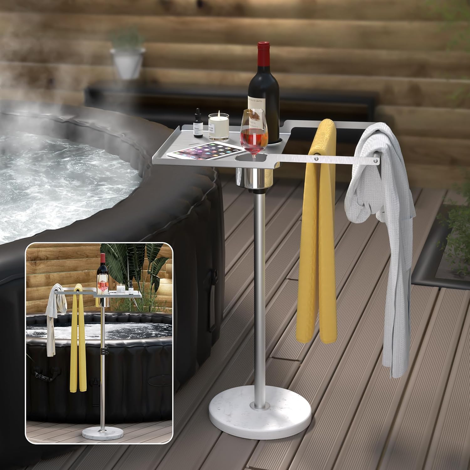 KES Adjustable Height Outdoor Towel Rack for Hot Tub, 360° Swivel Hot Tub Side Table with Drink Holders, 18/8 Stainless Steel with Weighted Marble Base, Fit Above Ground Pool, OTR201-2