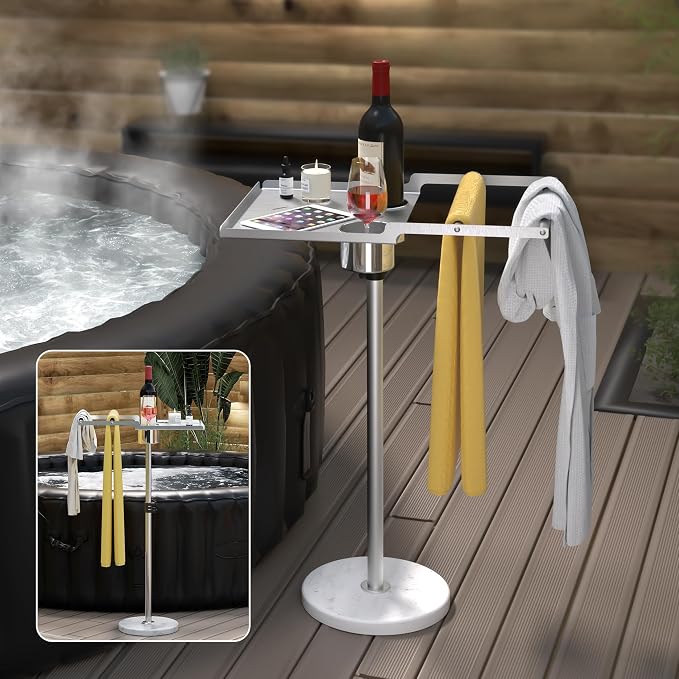 KES Adjustable Height Outdoor Towel Rack for Hot Tub, 360° Swivel Hot Tub Side Table with Drink Holders, 18/8 Stainless Stee with Weighted Marble Base, Fit Above Ground Pool, OTR201-2