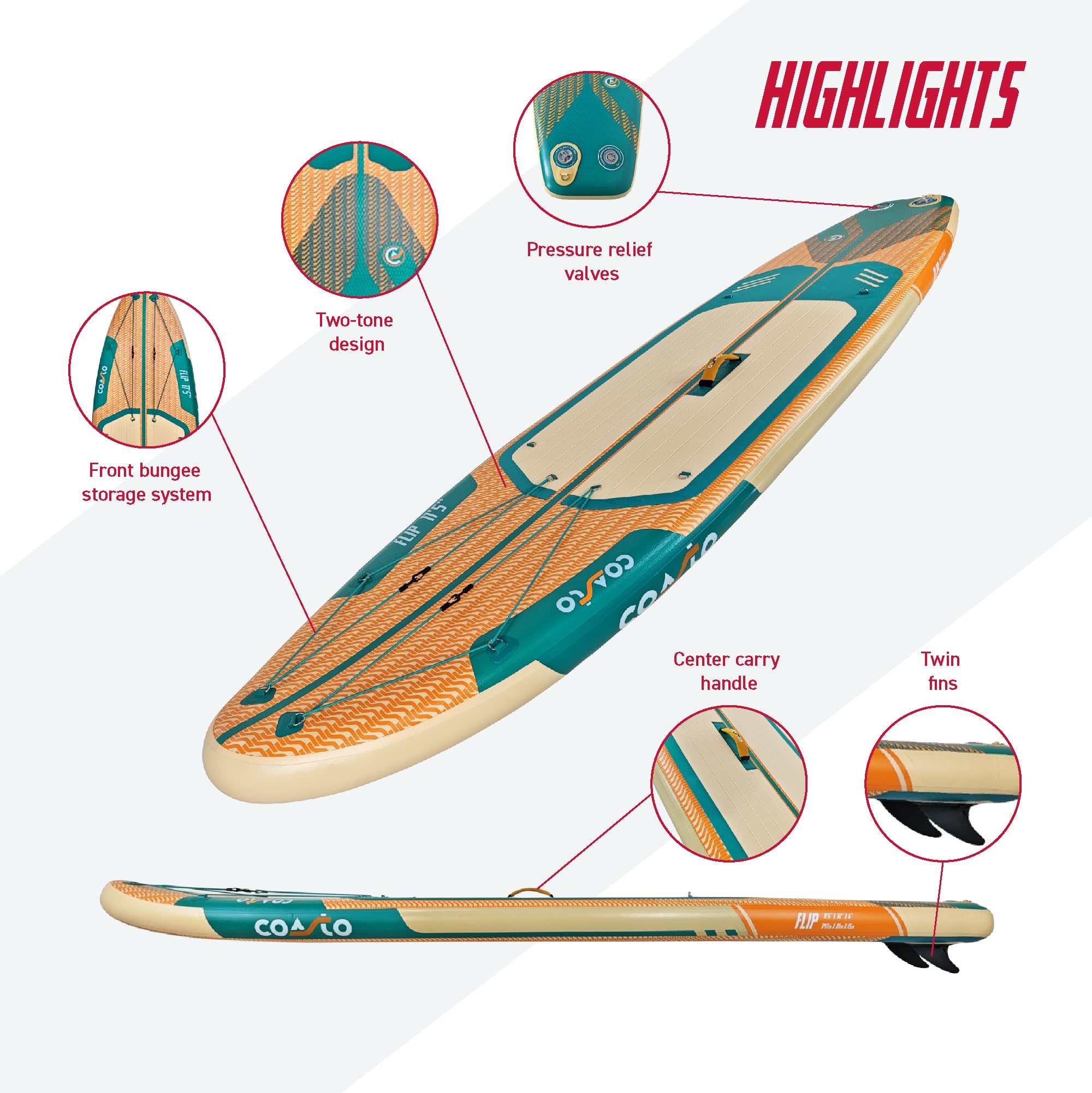 Coasto - Sup Stand Up nadmuchiwana wiosła Coasto Flip 11'5 - PB-CFLIP115-348x81x15cm Dropstitch Tkana - Kompletny pakiet: Wiosło Smycz Pompa Torba transportowa - Do 150kg - Pomarańczowy