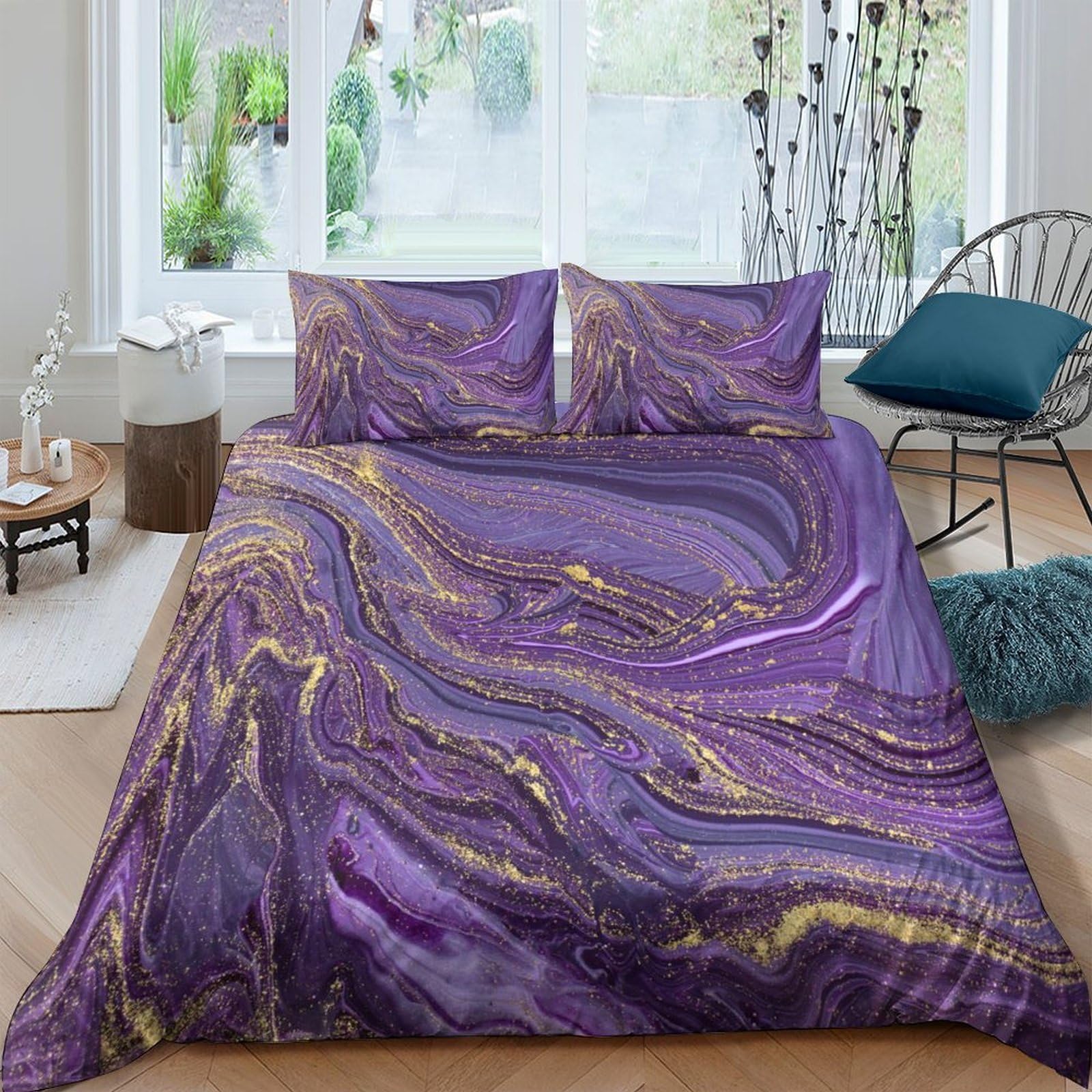 GPLZQXKJNH 3D Printed Purple Marble Duvet Cover Microfiber Soft Breathable Gold Swirl Bedding Set with 2 Pillowcases for Bedroom Decor Single（135x200cm）