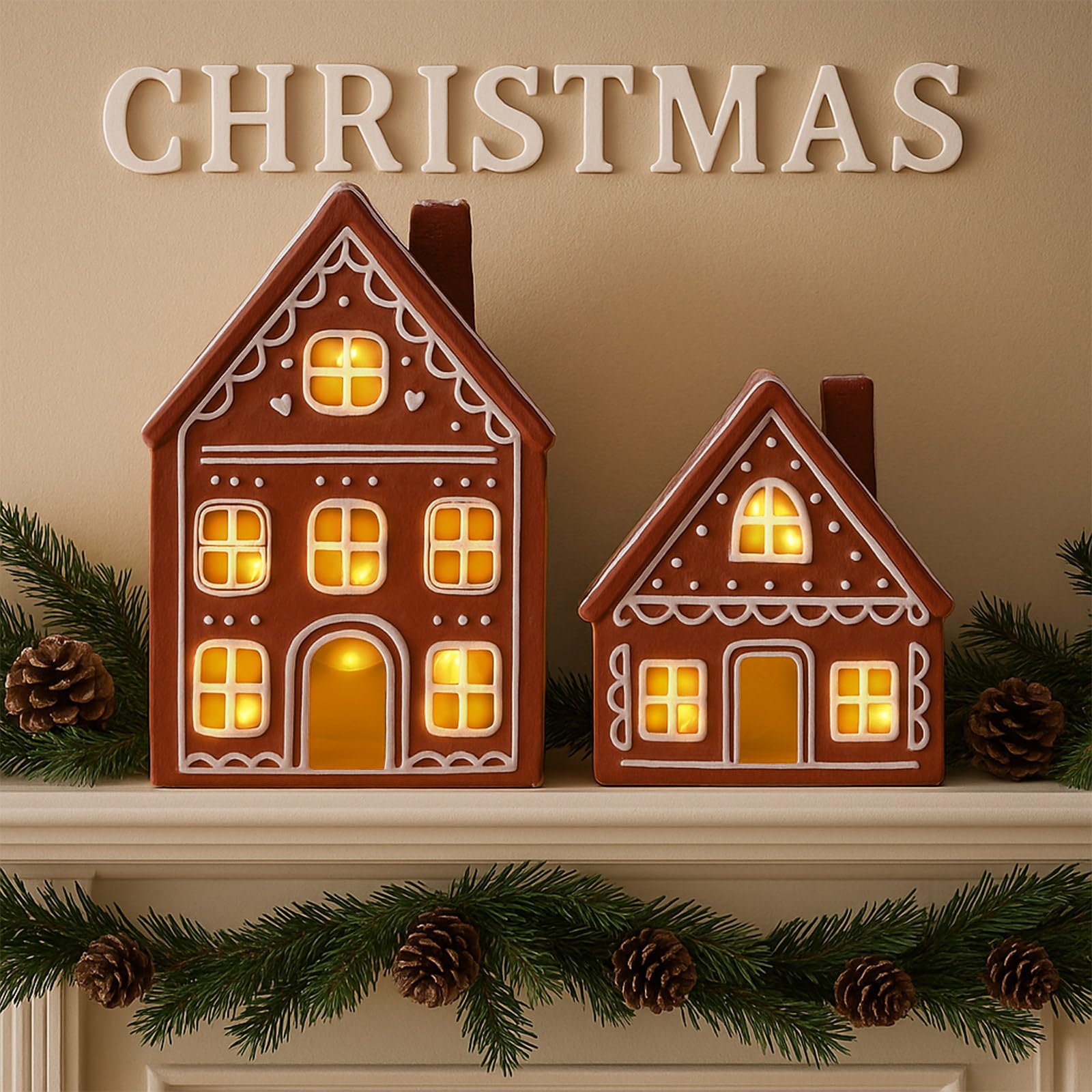 Funnymoom 2 juegos de casas de jengibre heladas de cerámica iluminadas, decoraciones de Navidad para interiores, casas de pan de jengibre LED preiluminadas, decoración de mesa de cocina para centro de