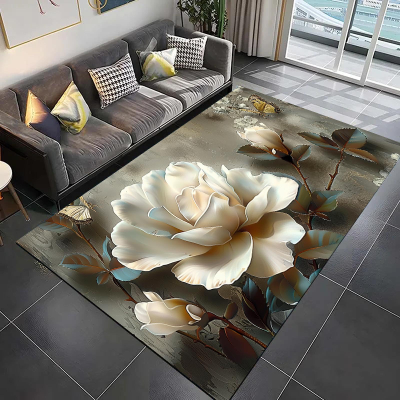 Tapis fleur et papillon 150x240cm : grand format lavable et isolant pour le sol