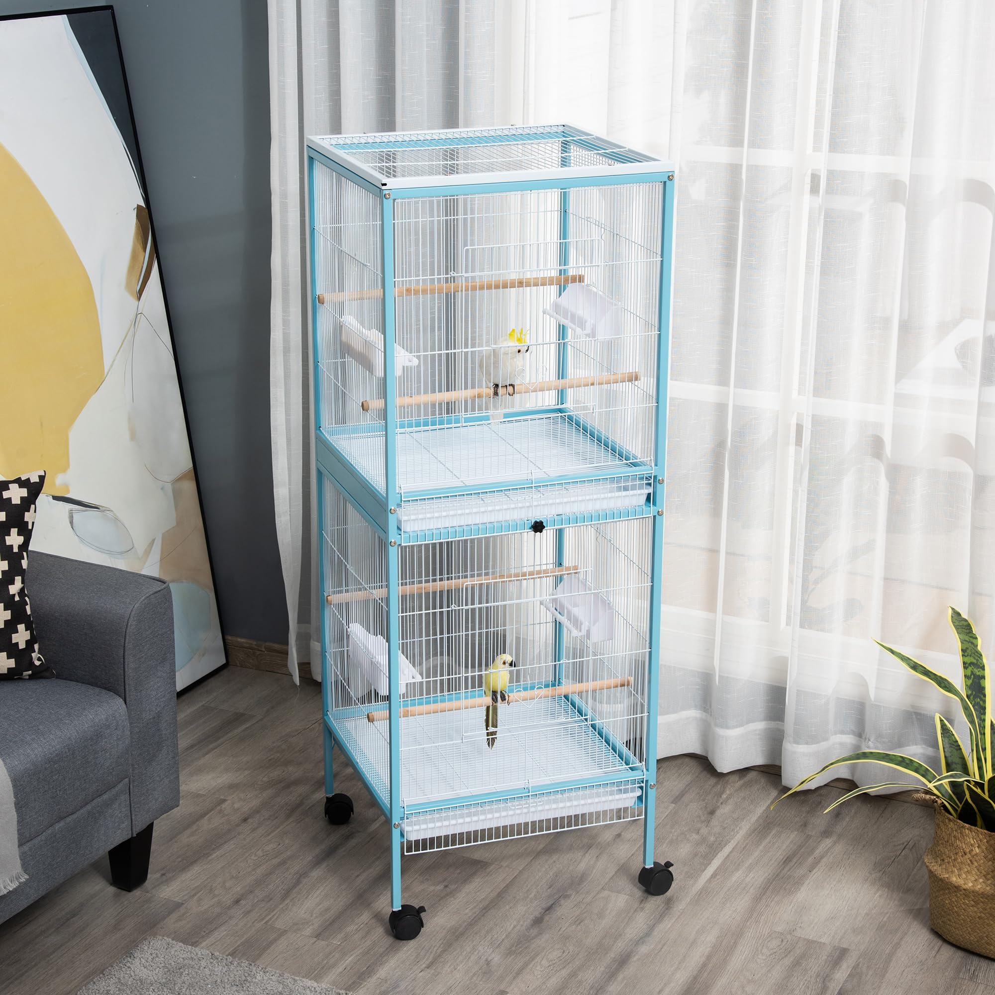 PawHut Jaula para Pájaros con Ruedas Jaula Grande de 2 Niveles Pajarera con Bandejas Extraíbles Puertas Comederos Perchas para Canarios Periquitos 51,5x50x140 cm Azul