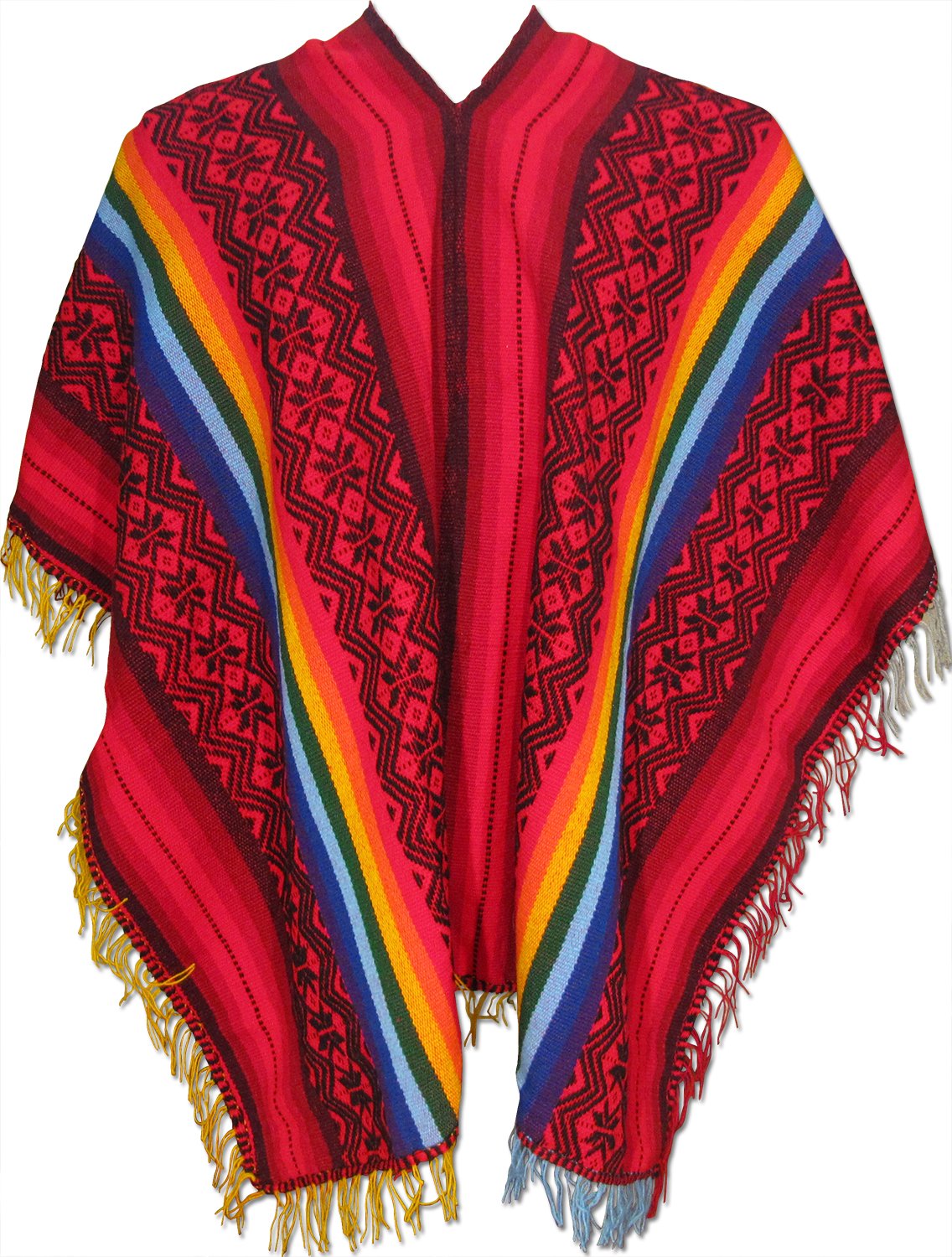 Shamans MarketPeruvian Traditional Wool Blend Poncho - Red/Black/Rainbow