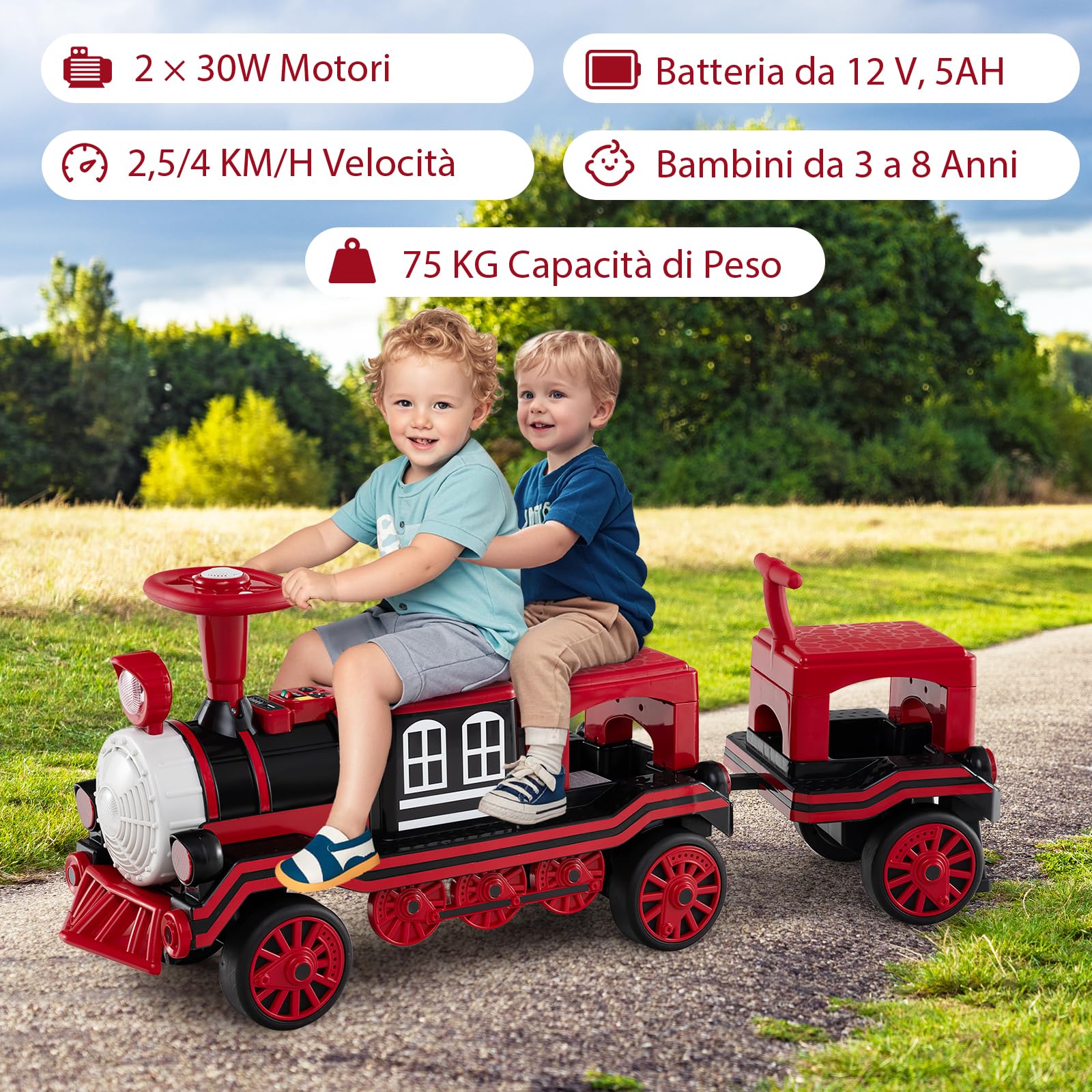 COSTWAY Trenino Elettrico Cavalcabile per Bambini, 12V Macchina Elettrica a 3 Posti con Locomotiva e Vagone Rimovibili, Treno con Luci LED, Clacson e Musica, per Bambini 3-8 Anni (Rosso)
