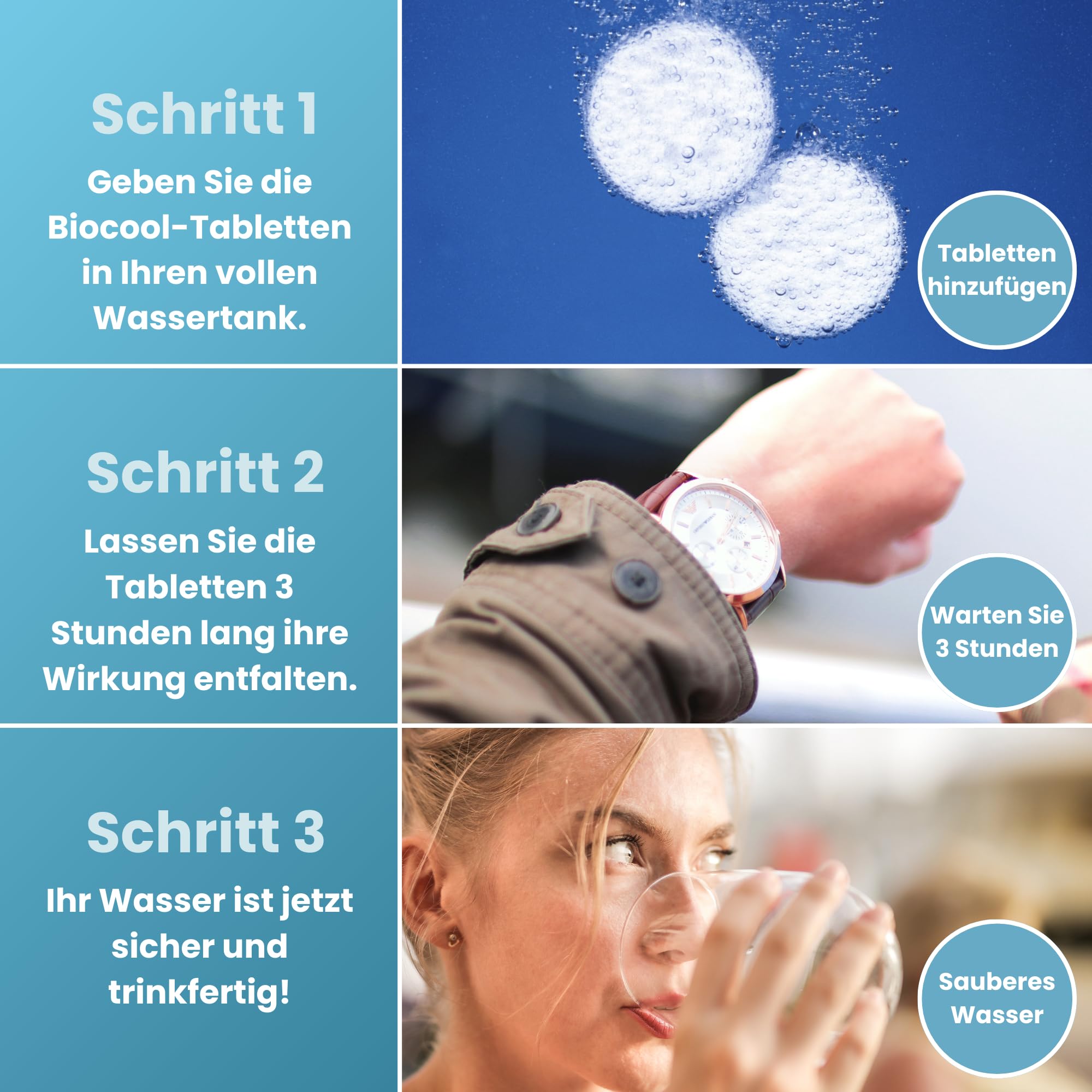 Biocool Wasserreinigungstabletten – Packung mit 250 Tabletten für bis zu 1.250 Liter Trinkwasser | Ideal für Camping, Wandern, Wohnwagen und Notfälle | 1 Tablette reinigt 5 Liter
