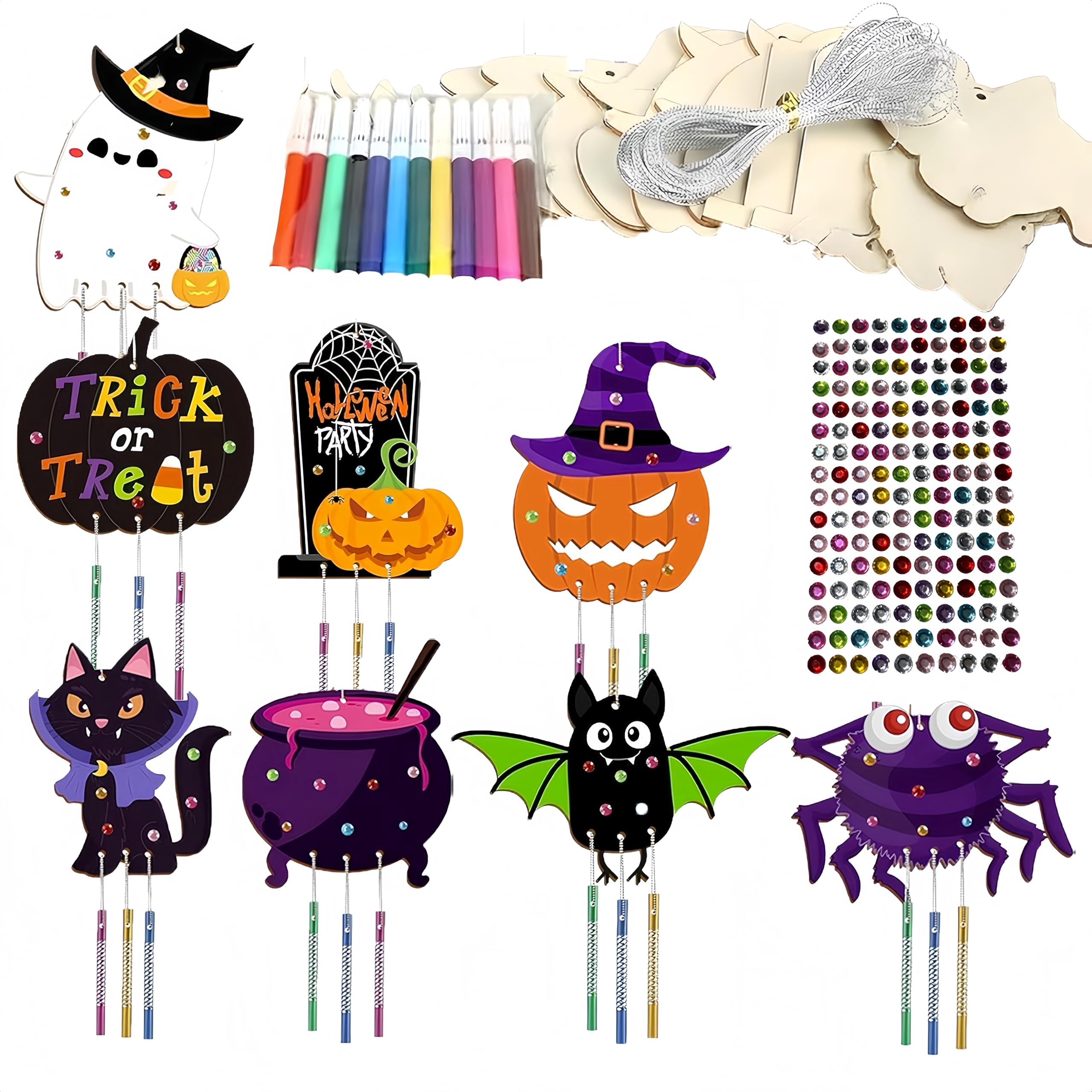 8 Pack Halloween Wind Chime Kit for KidsMake Your own Wind Chimes Halloween Arts and Crafts, Painting Decorations, Hanging Decorations, Coloring Party Decorations