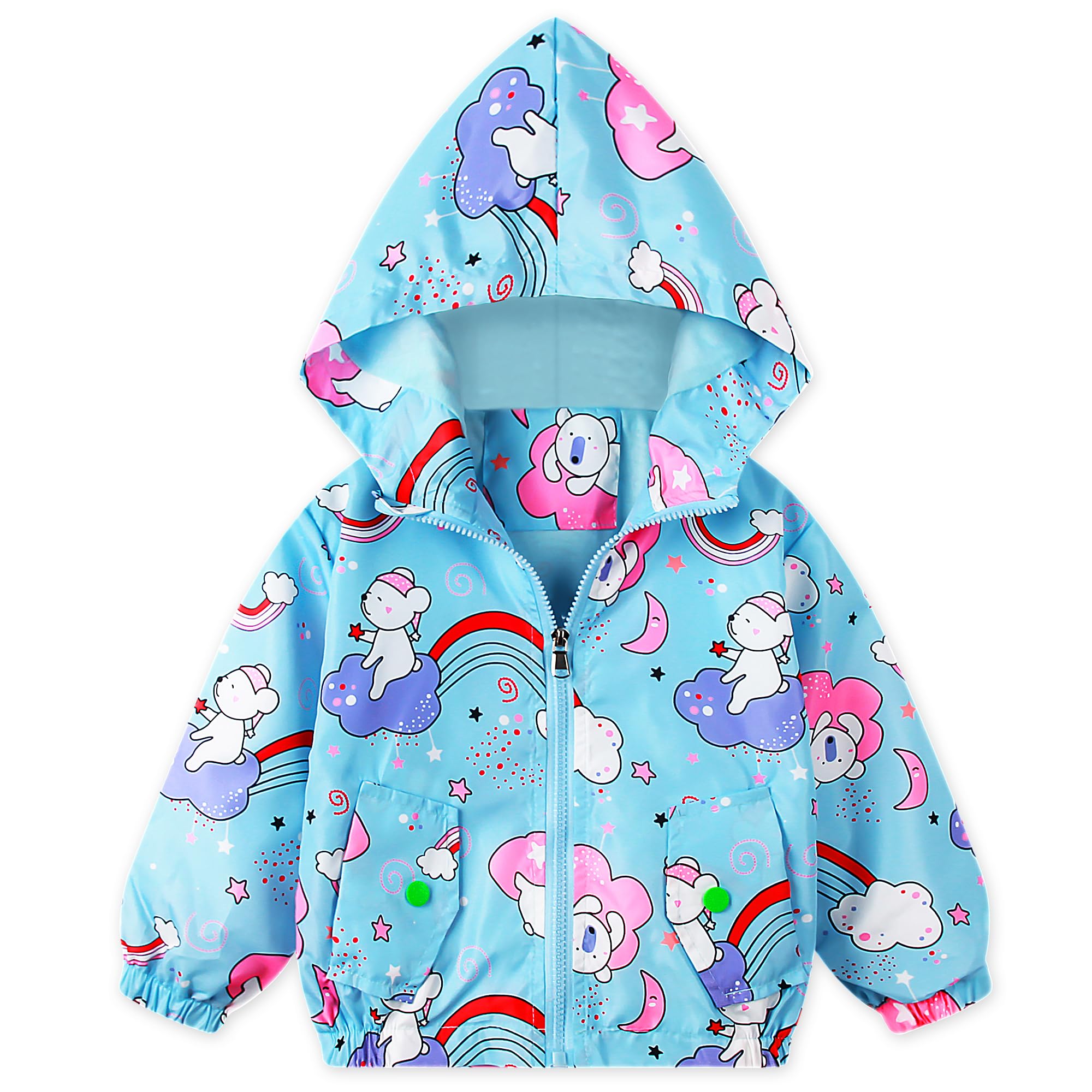 BaogaierGirls Jacket Hooded Colorful Cute Kids Cartoon-Print Windproof Lightweight Long Sleeve Sunscreen Baby Soft Lining Outfits Zipper Outwear Spring Summer Sports Coats Age 2-7 Years
