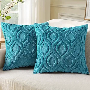 decorUhome Fall Throw Pillow Covers 18x18 Inch Set of 2, Soft Plush Decorative Faux Fur Teal Solid Couch Pillow Covers, Accent Farmhouse Neutral Square Euro Pillow Cases for Sofa Bed Living Room