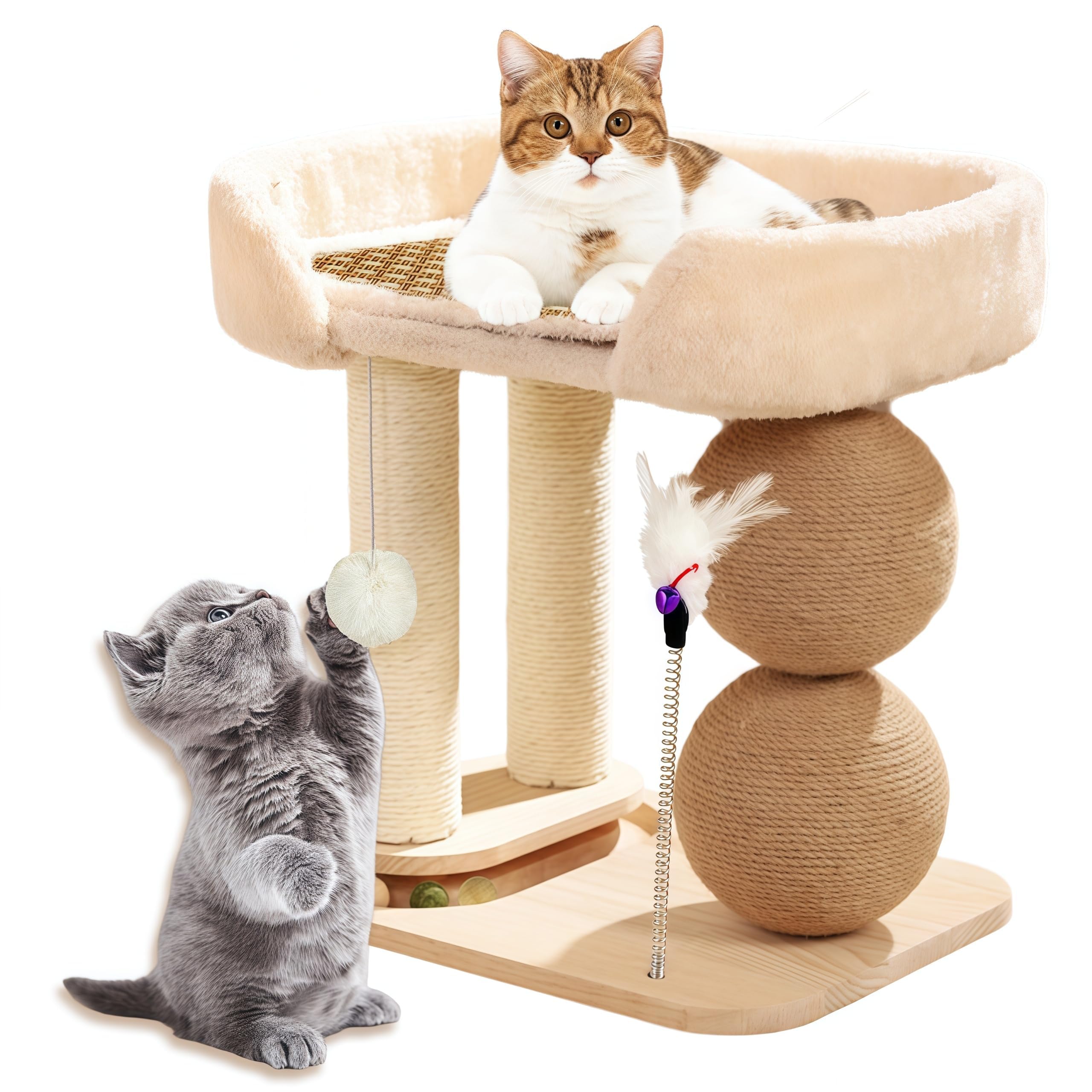 Juguete interactivo para gatos de madera 6 en 1, muebles para gatos con bolas colgantes, bola giratoria Smart Track Ball, alfombrilla de refrigeración para cama de gatos, plumas, árbol rascador de