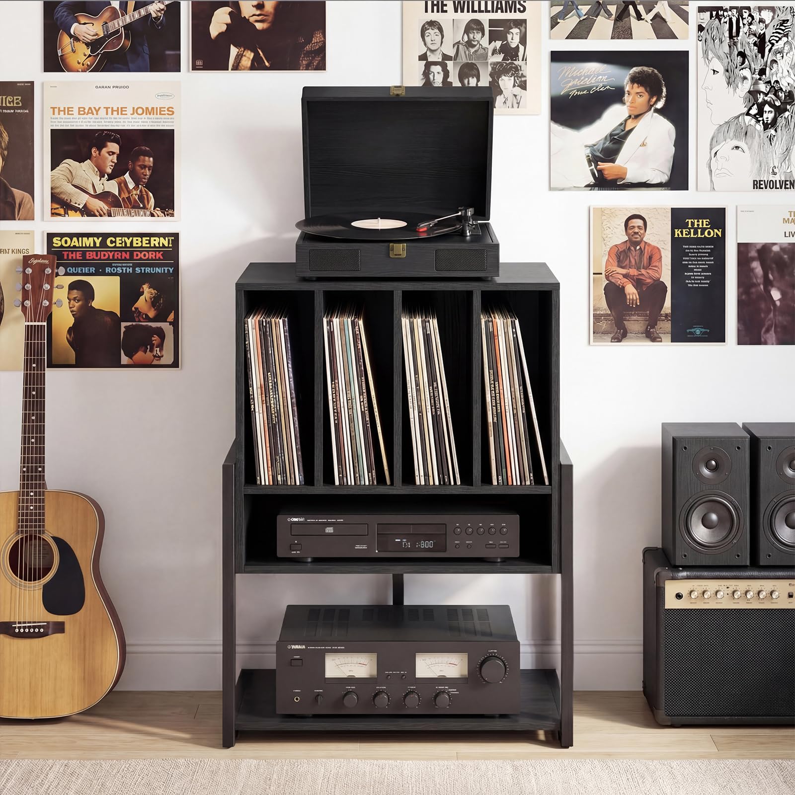 COSTWAY Plattenspielerständer, Vinyl Schallplattentisch mit breite Tischplatte, 4 Trennwänden & unteres Regal, Schallplattenständer Holz für Arbeitszimmer und Musikzimmer, 54 x 57 x 76,5 cm