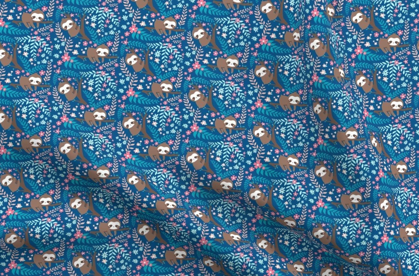 Spoonflower Fabric - Sloth Wildlife Animal Animals Floral Flowers Cute Kids Children Sloths Printed on Organic Cotton Sateen Fabric by The Yard - Sewing Quilting Apparel Home Decor