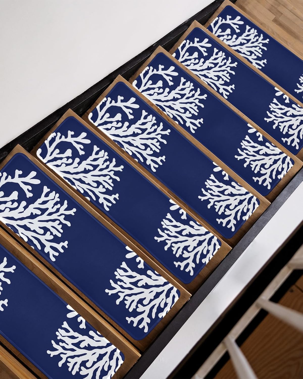 Stair Treads Non Slip Indoor for Wooden Steps, Navy Blue Coral 15 Pcs Stair Mats for Kids Elders Dogs, 8 x 30 Inch Coastal Summer Beach Nautical Seaside Carpet Treads Runner Rugs for Staircase