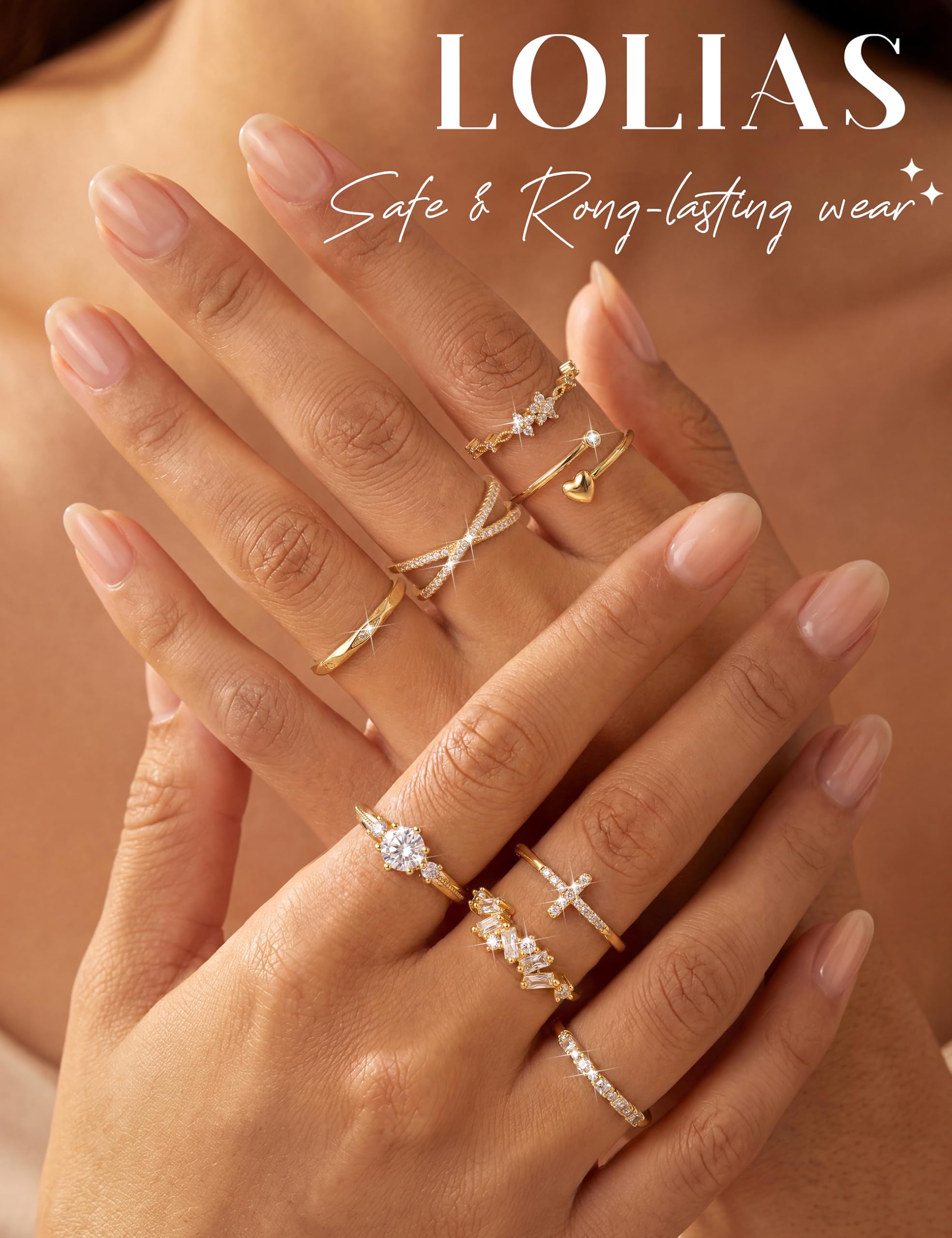 LOLIAS 8 Stück Ringe Gold/Silber Wasserfest Ring Verstellbar Statement Ringe Damen Fingerring Stapelringe Verlobungsring Herz Promise Rings Set Schmuck
