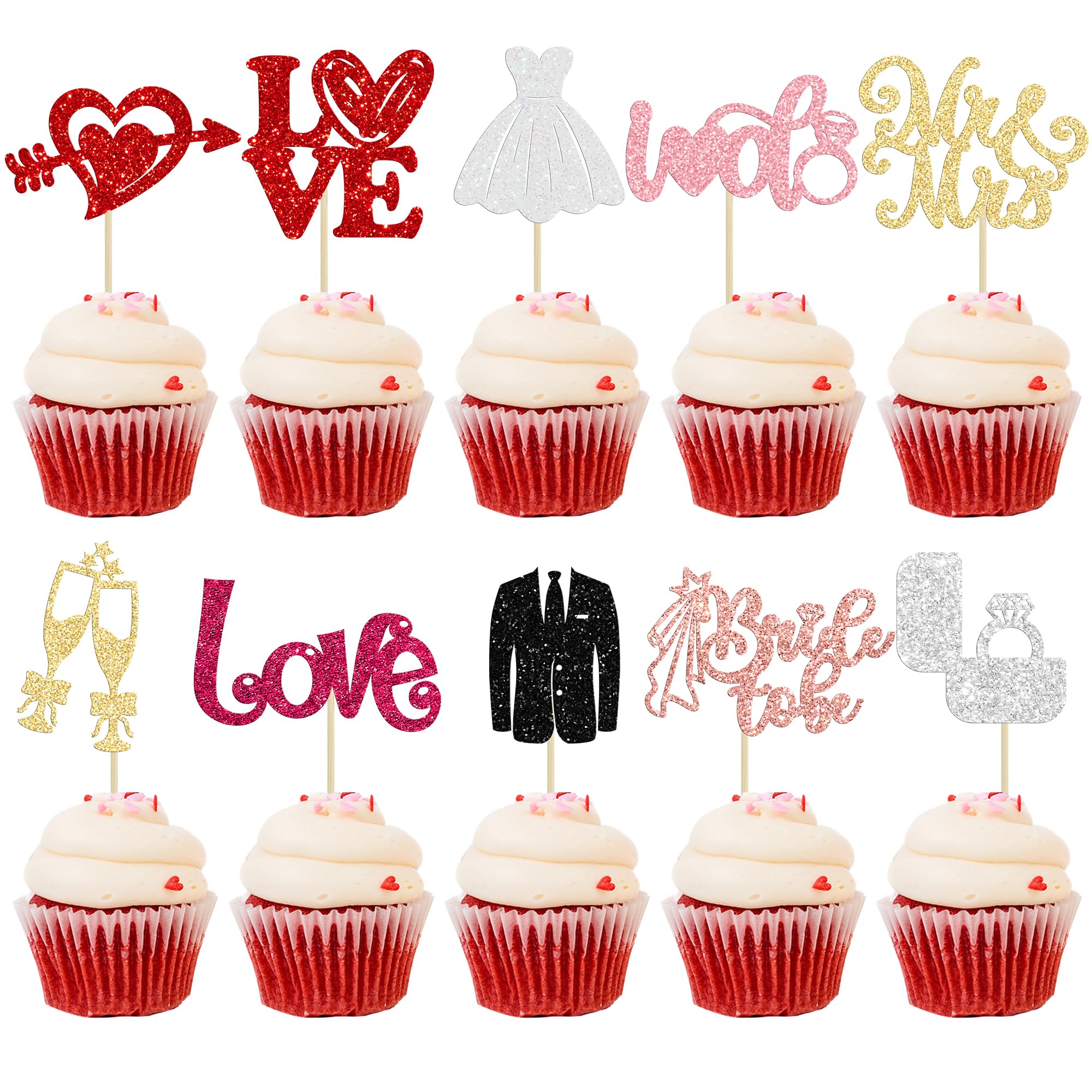 Ephlyn 30Pcs Bride to be Cupcake Toppers Glitter Wedding Cake Topper Decorations I Do Love Heart Ring Cupcake Picks for Bridal Shower Wedding