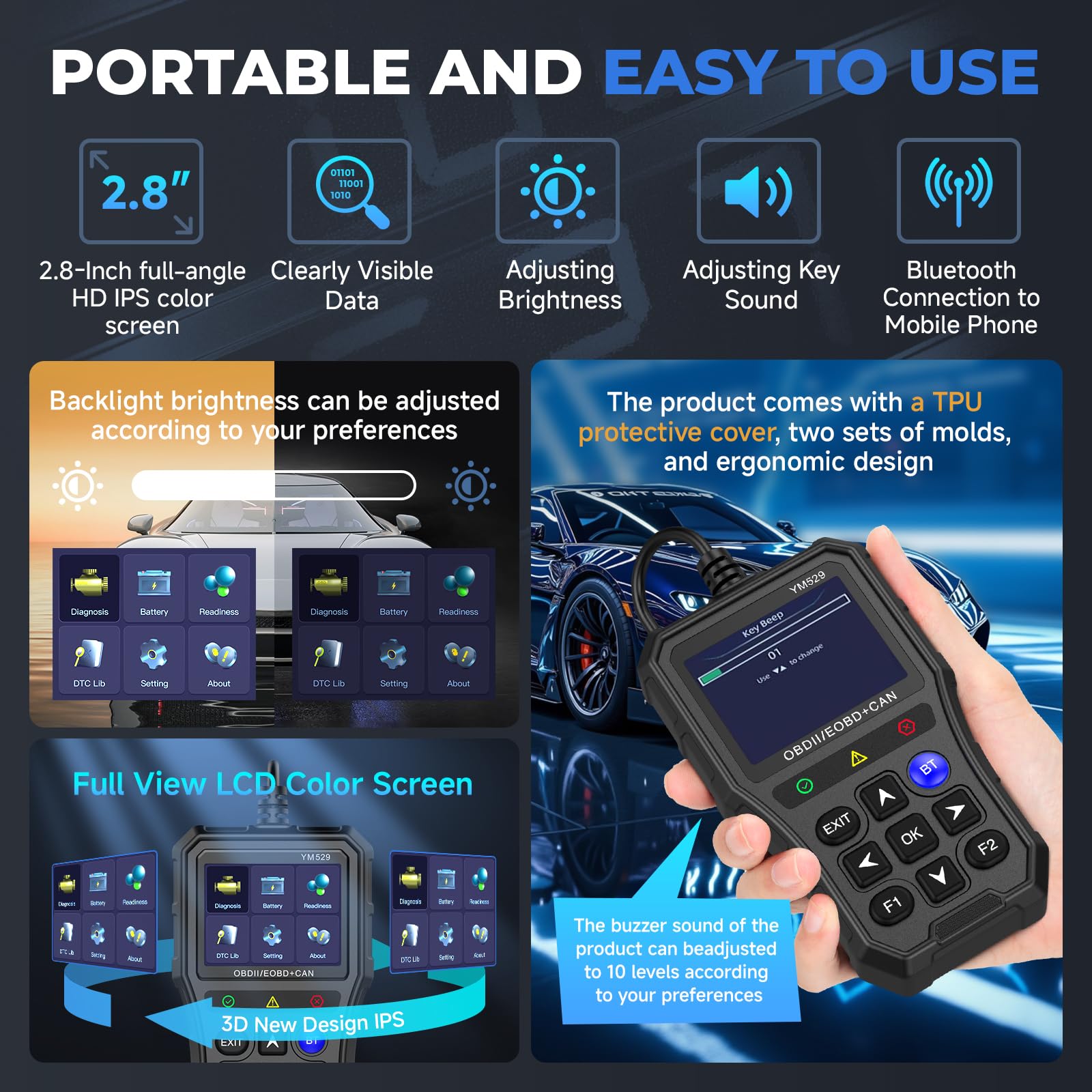 Professional OBD2 Scanner con tester della batteria - strumento diagnostico per automobili, 3D UI 2,8 pollici IPS schermo TPU case, lettura e cancellazione codici di errore, nero