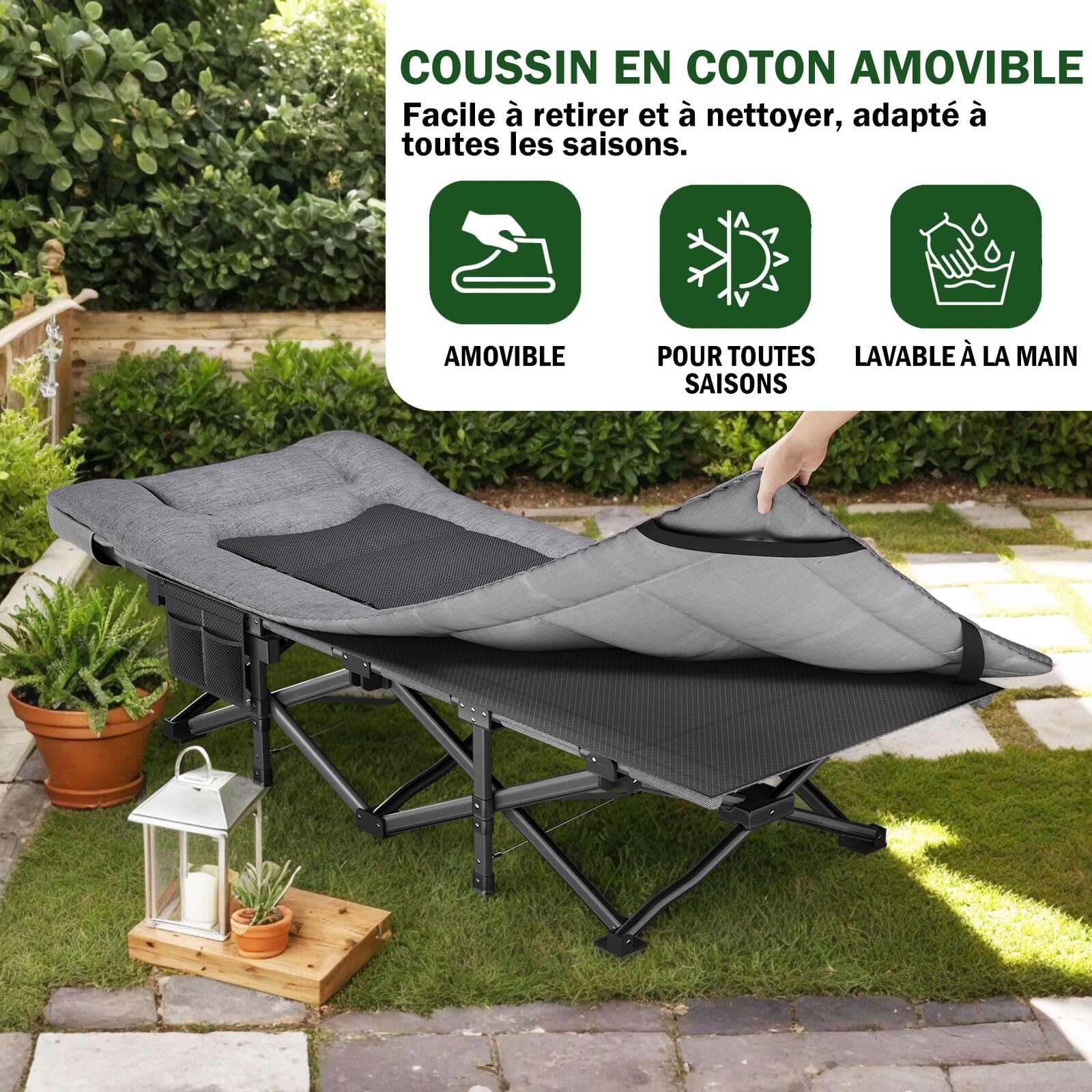 Lit de Camping Pliable pour Adultes avec Matelas, Lit de Sieste Portable Réglable, Charge Maximale 200kg – Inclut Sacoche de Transport, Gris
