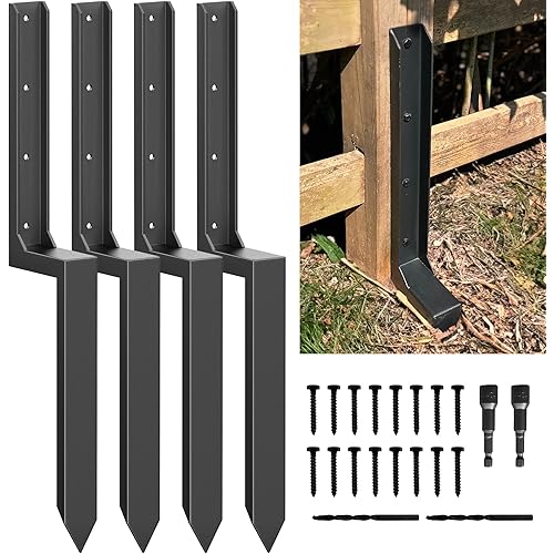 Fence Post Repair Kit - Thickened 11-Gauge Steel Anchors & Stake for Broken/Leaning 4x4/6x6 Wood Posts (One-Piece, 4-Pack)