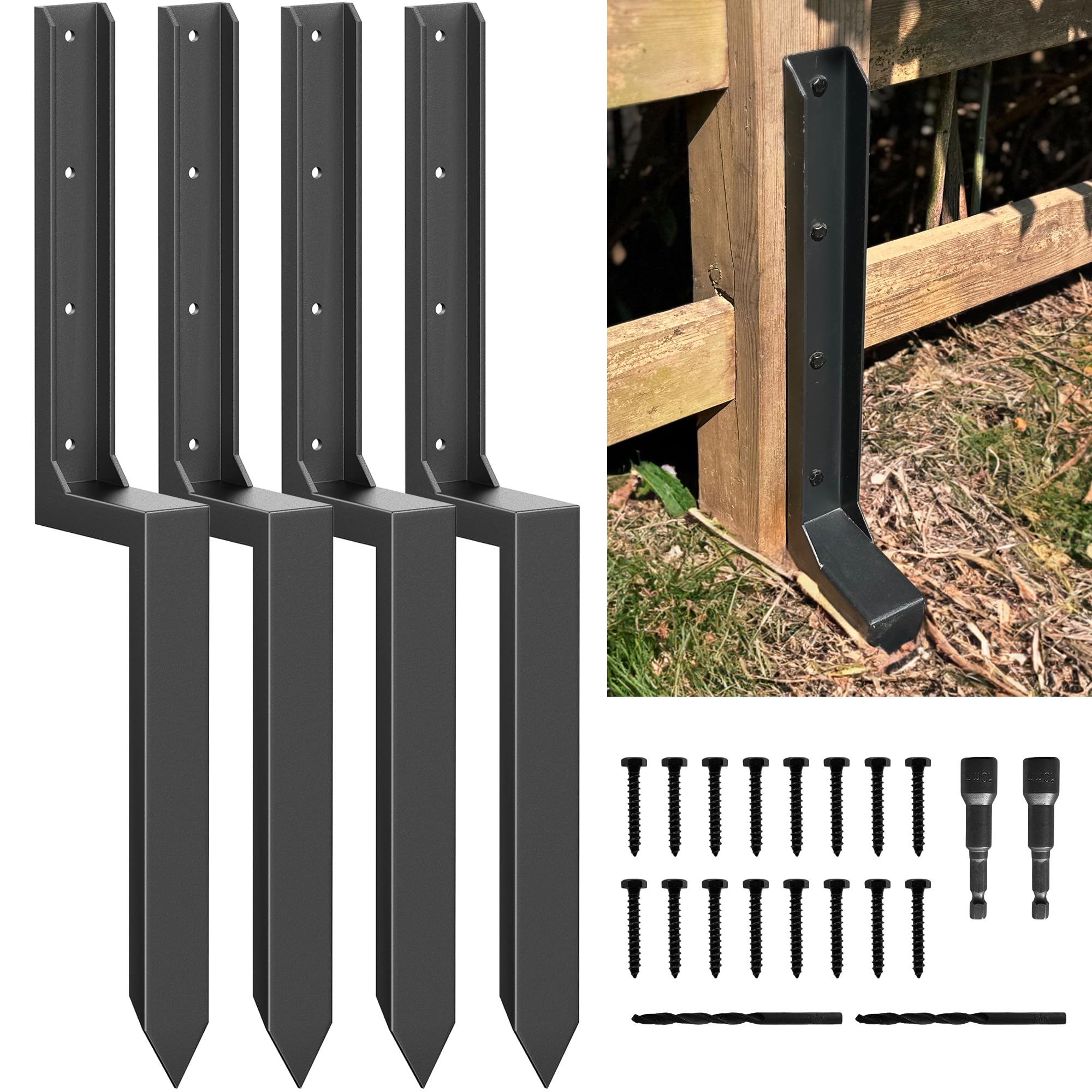 AKINGKONG Thicker Fence Post Repair Stakes Spikes Kit,Fence Post Repair Anchor for Wood Fence Post Fix,Black,4 Pack