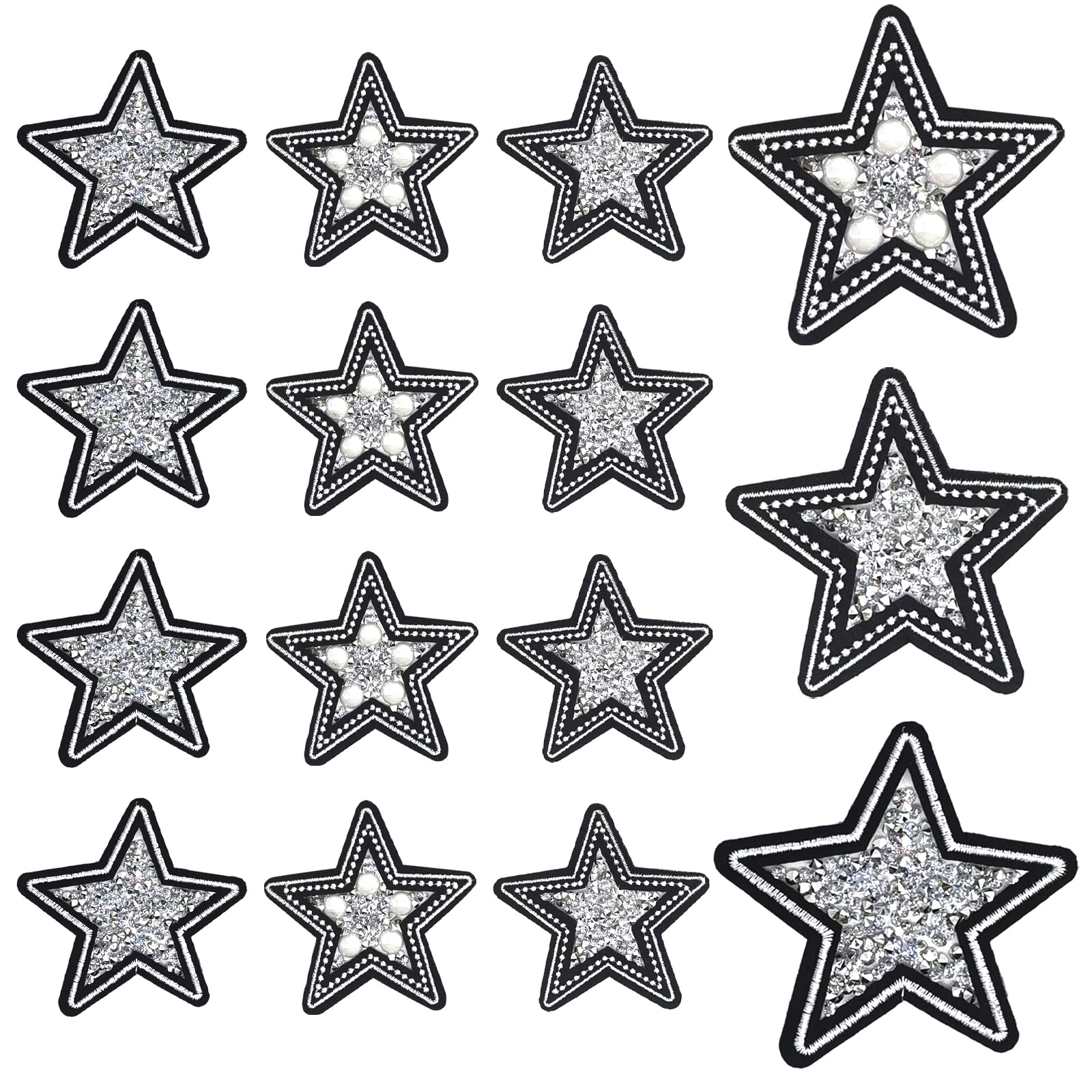 YOKUSHI 15Pcs Iron on Star Patches for Clothes, Iron-on Pearl Rhinestone Stars Patch Sequin Star Iron on Patches Bulk for Clothing Backpacks Hats Jacket