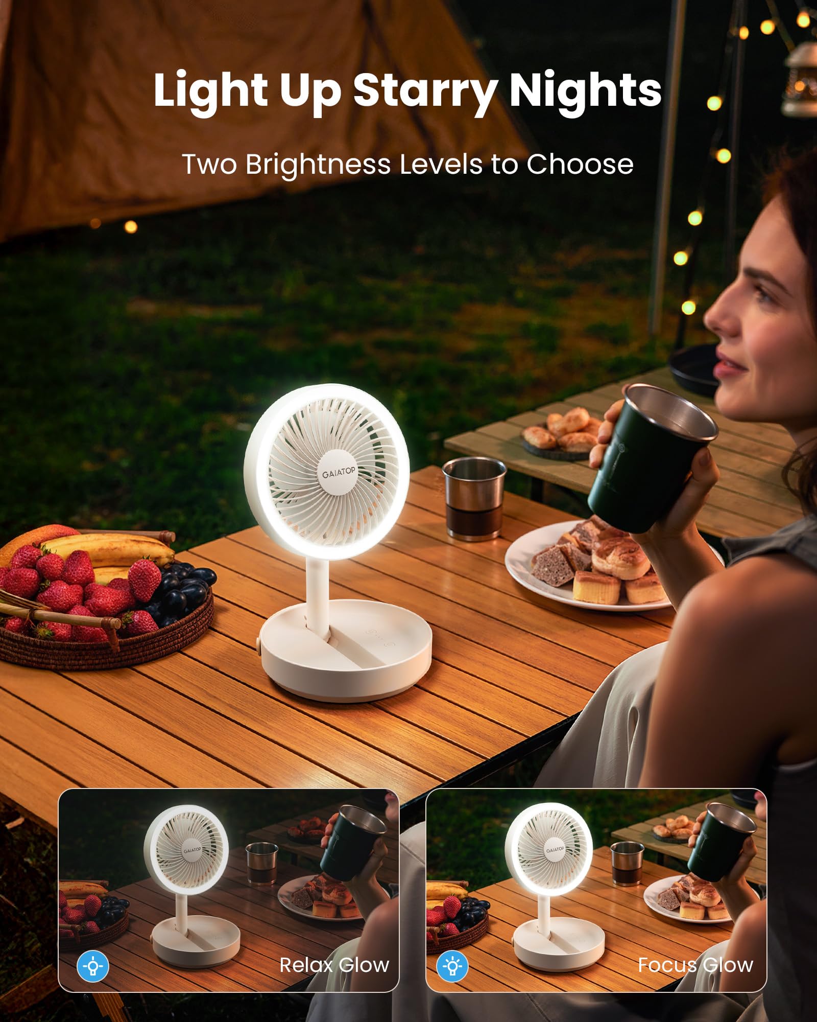 Gaiatop Ventilatore Portatile USB Ricaricabile, 6000mAh Batteria Fino a 20 Ore, Ventilatore da Tavolo Silenzioso Piccolo con Luce Notturna Ufficio Comodino, Accessori Camper Viaggio Pieghevole, Bianco