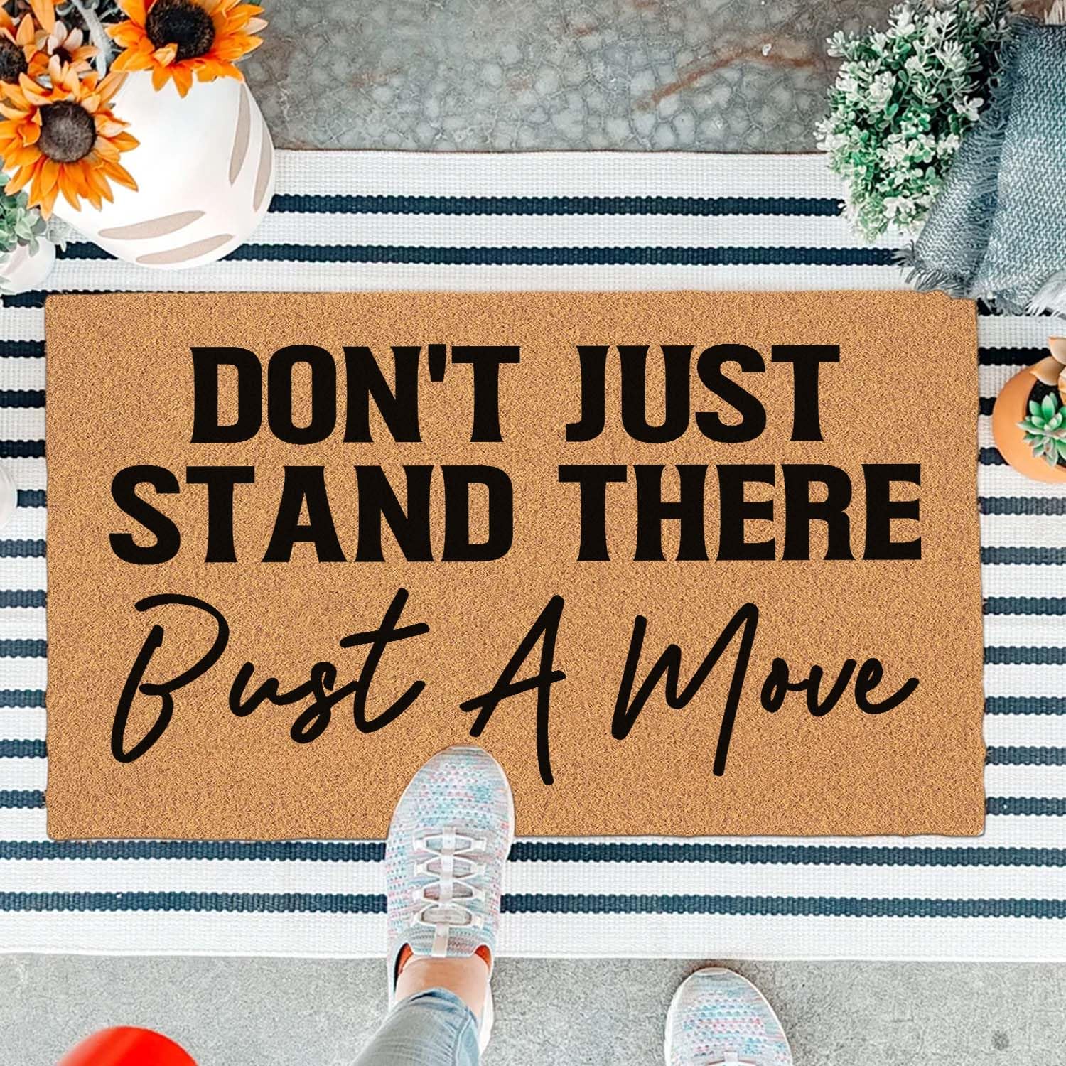 Funny Doormat Front Door Mat Entryway Outdoor Mat with Heavy Duty Front Porch Welcome Mats Entry Brown Mat House Warming Gift Mat 29.5 x 17 inch (Don't Just Stand There, Bust a Move)